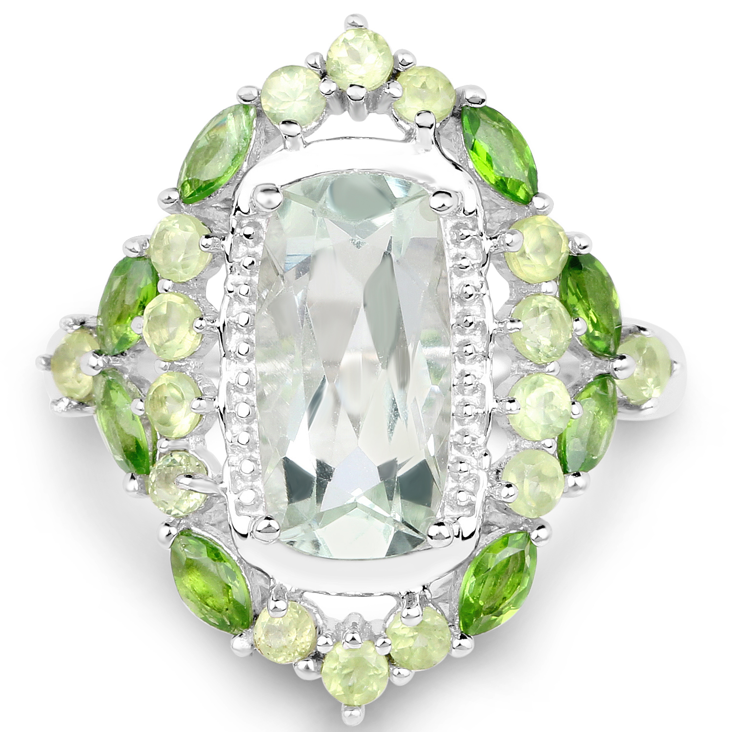 3.48 Carat Genuine Green Amethyst, Chrome Diopside and Peridot .925 Sterling Silver Ring