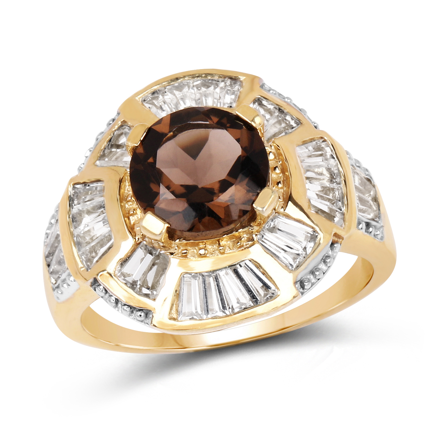 14K Yellow Gold Plated 4.18 Carat Genuine Smoky Quartz & White Topaz .925 Sterling Silver Ring