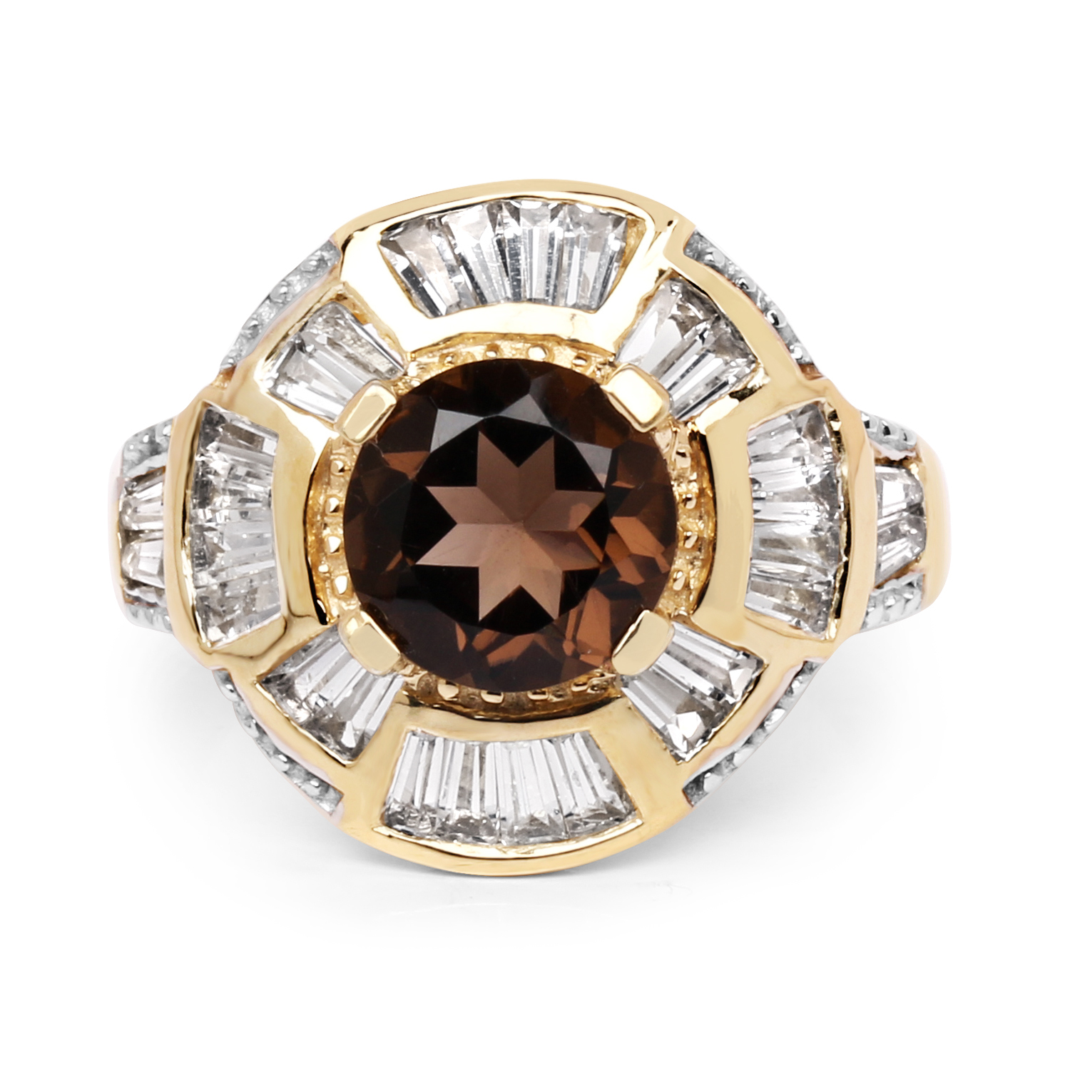 14K Yellow Gold Plated 4.18 Carat Genuine Smoky Quartz & White Topaz .925 Sterling Silver Ring