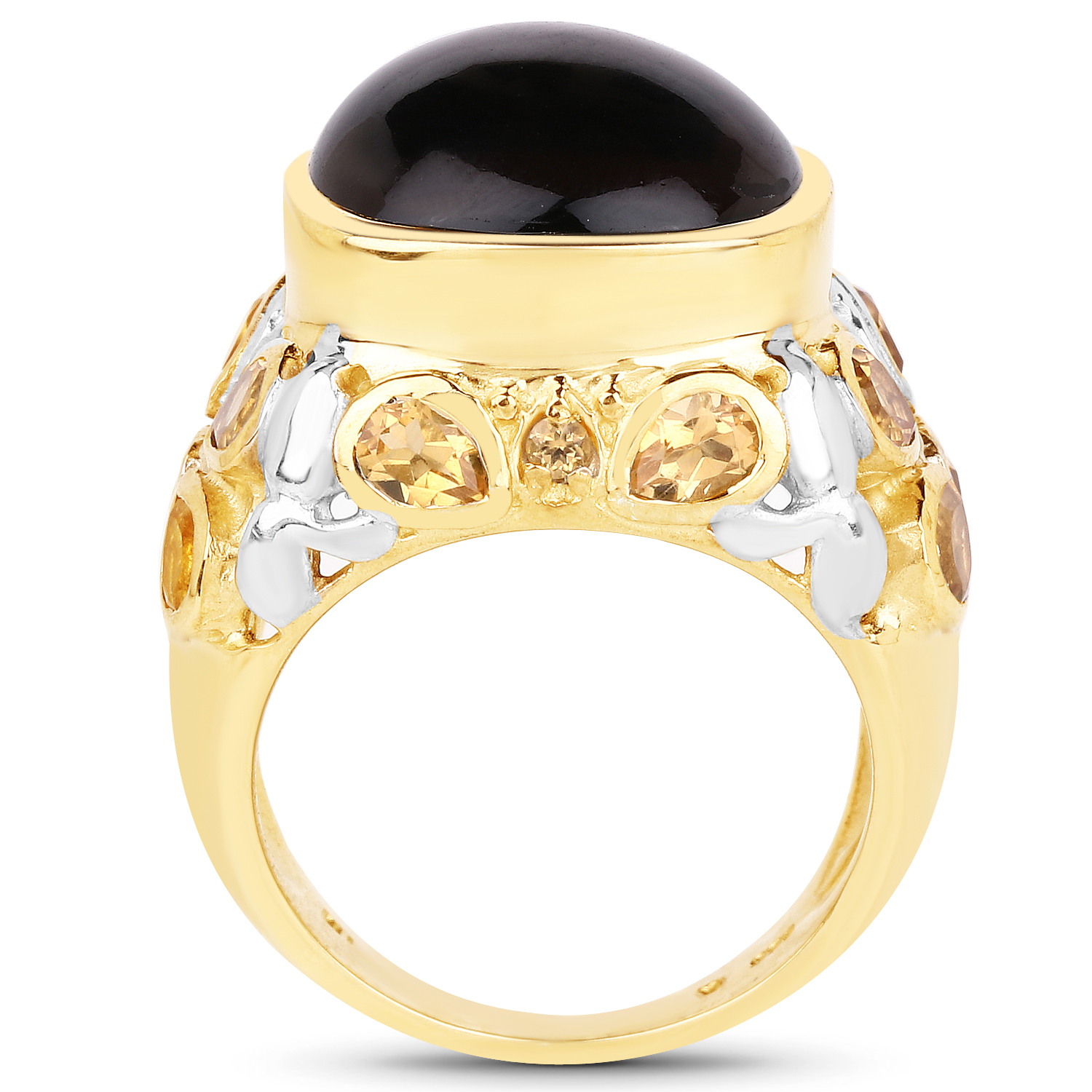 14K Yellow Gold Plated 12.76 Carat Genuine Smoky Quartz & Citrine .925 Sterling Silver Ring