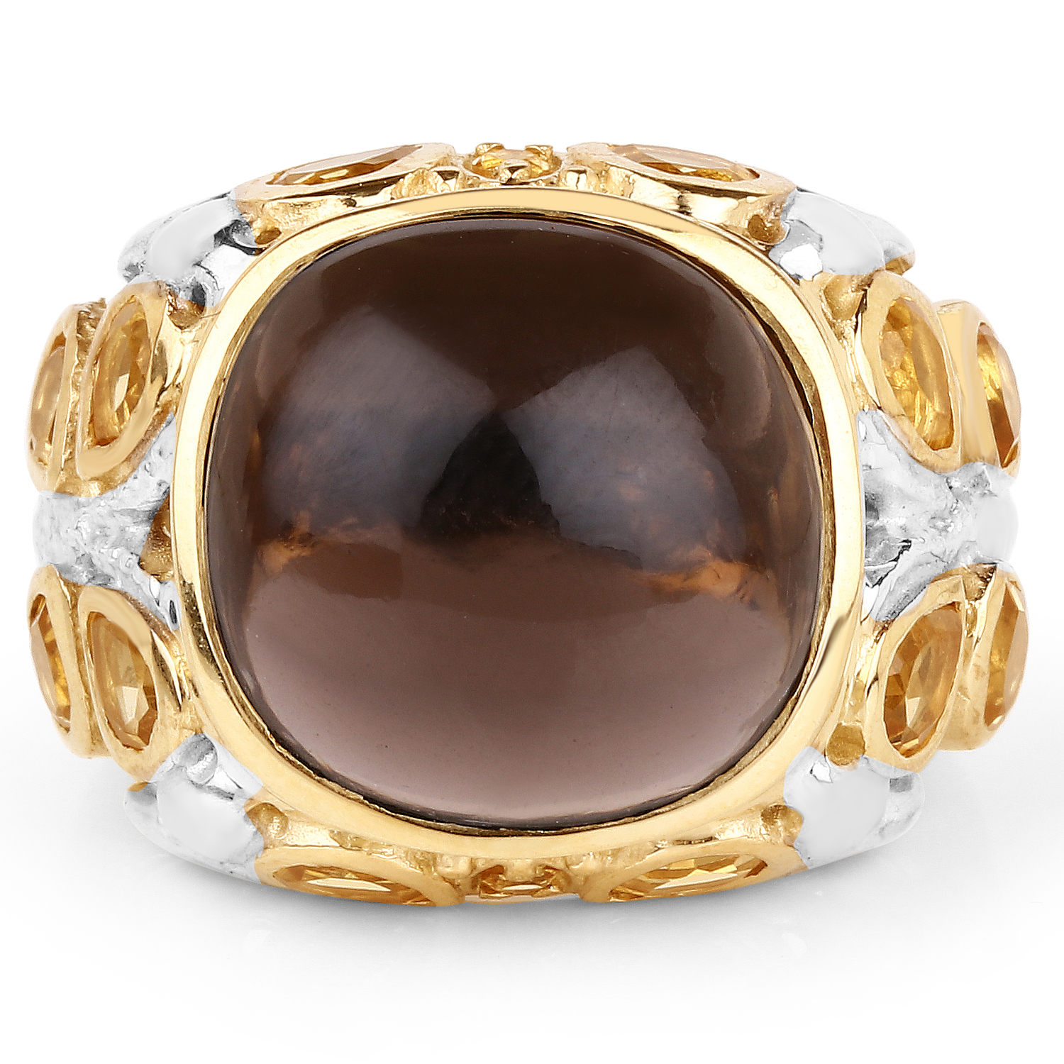 14K Yellow Gold Plated 12.76 Carat Genuine Smoky Quartz & Citrine .925 Sterling Silver Ring