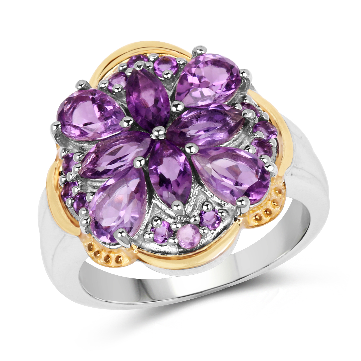 Two Tone Plated 2.66 Carat Genuine Amethyst .925 Sterling Silver Ring