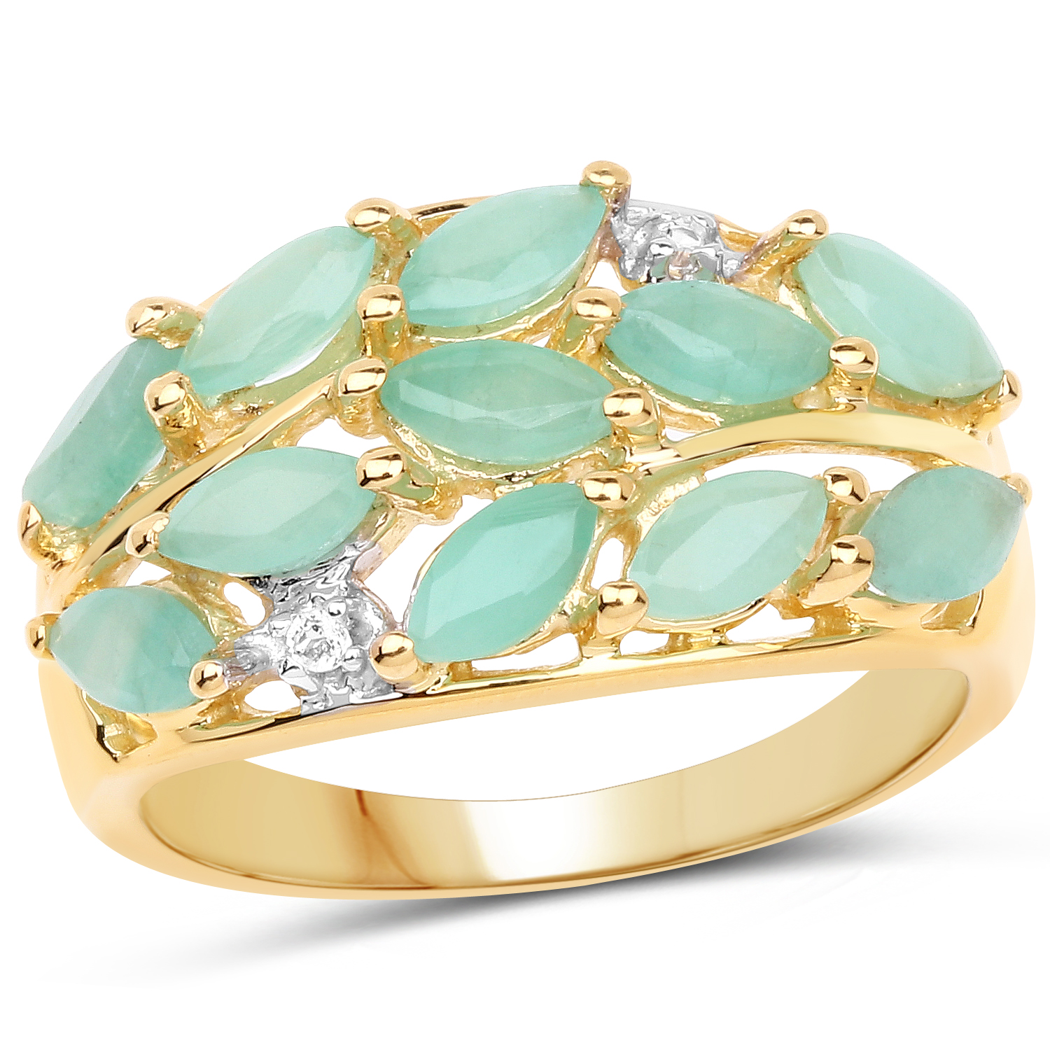 14K Yellow Gold Plated 1.56 Carat Genuine Emerald and White Topaz .925 Sterling Silver Ring