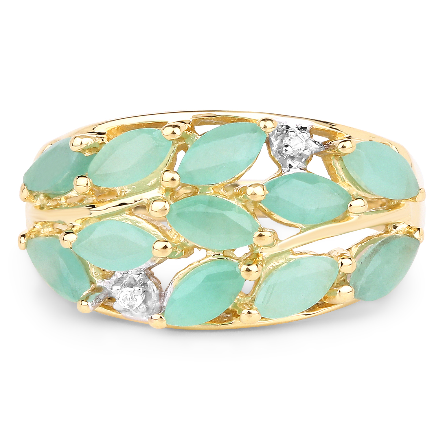 14K Yellow Gold Plated 1.56 Carat Genuine Emerald and White Topaz .925 Sterling Silver Ring