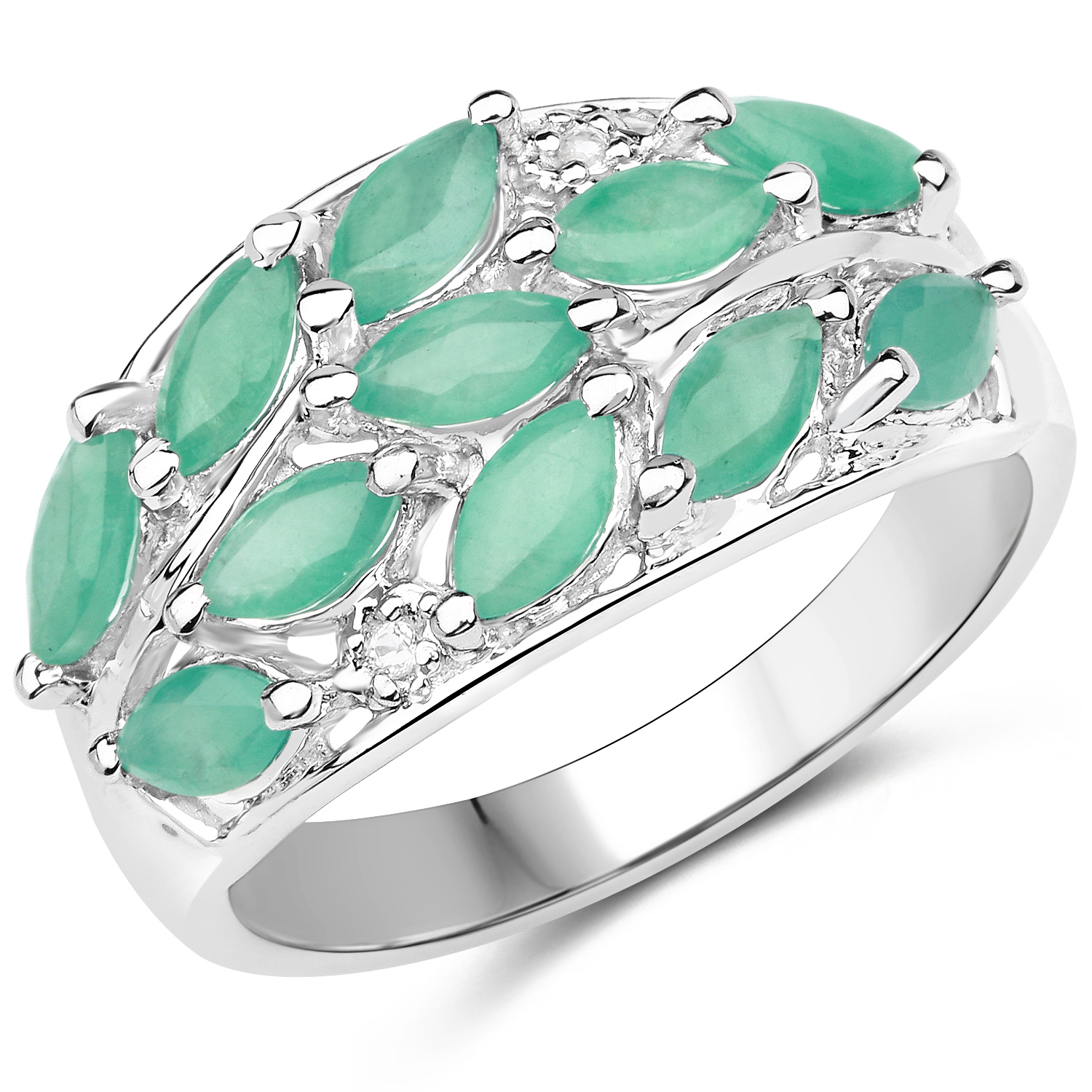 1.56 Carat Genuine Emerald and White Topaz .925 Sterling Silver Ring