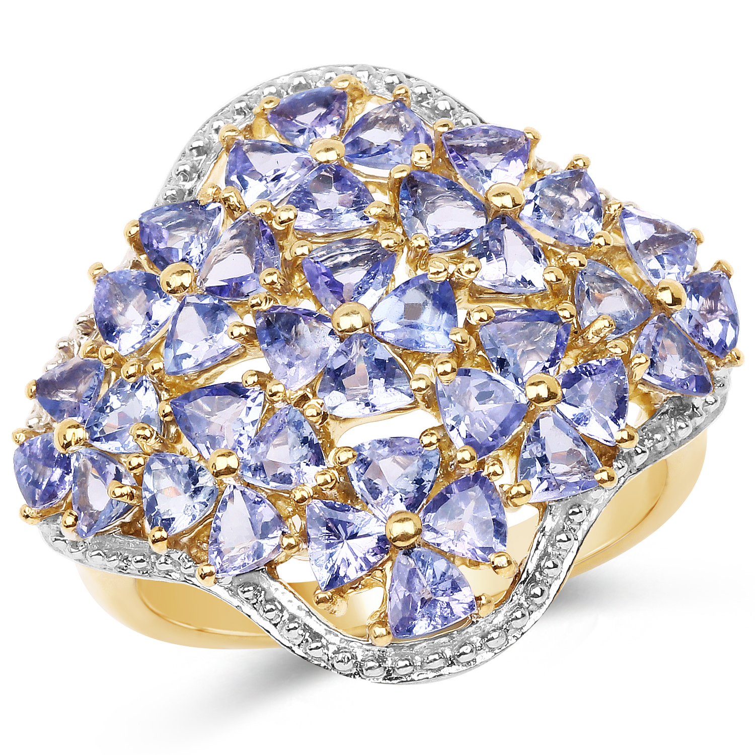 14K Yellow Gold Plated 3.60 Carat Genuine Tanzanite .925 Sterling Silver Ring
