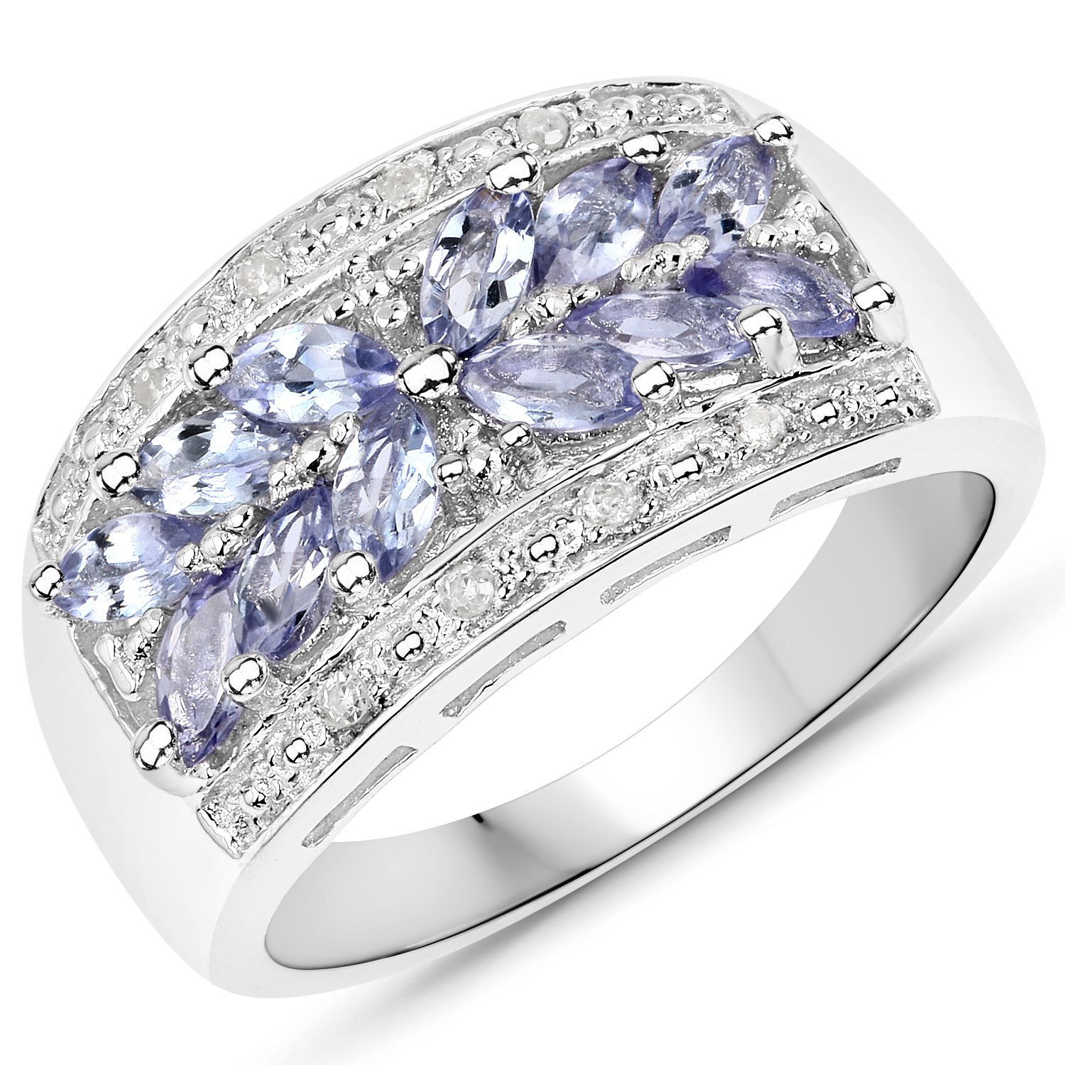 14K White Gold Plated 1.00 Carat Genuine Tanzanite and White Diamond .925 Sterling Silver Ring