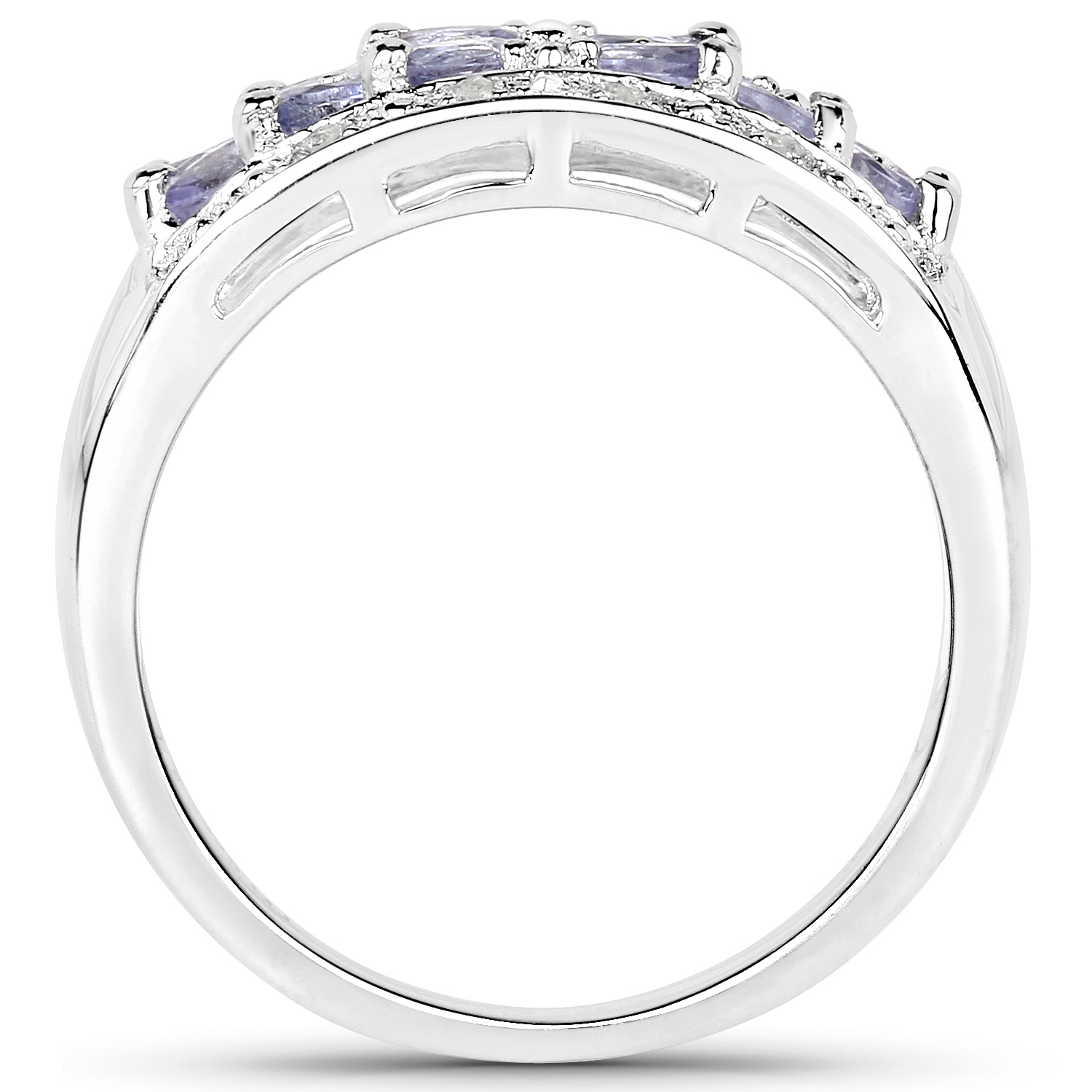 14K White Gold Plated 1.00 Carat Genuine Tanzanite and White Diamond .925 Sterling Silver Ring