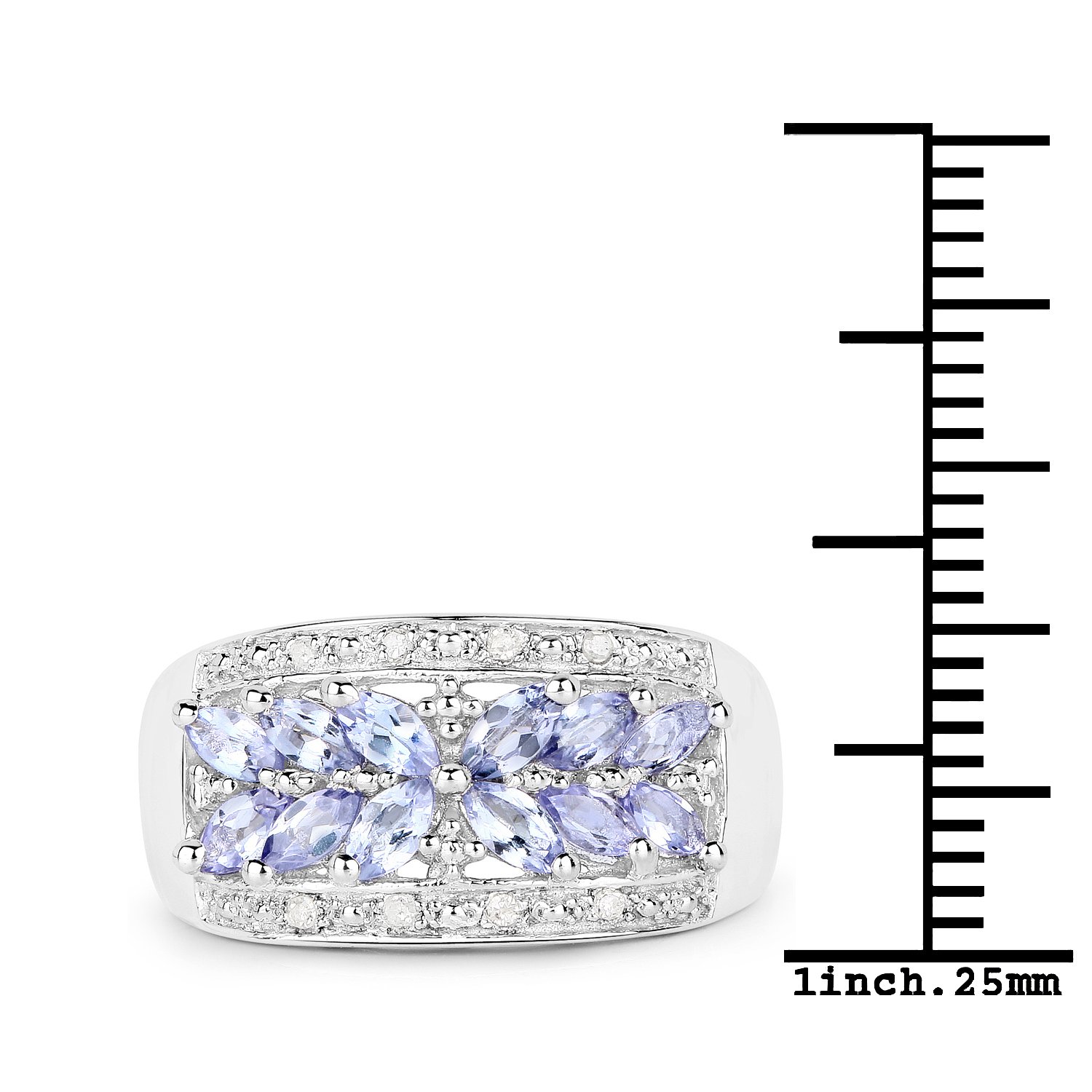 14K White Gold Plated 1.00 Carat Genuine Tanzanite and White Diamond .925 Sterling Silver Ring