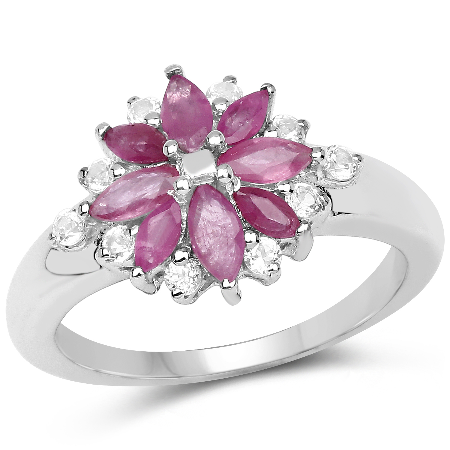 1.24 Carat Genuine Ruby and White Topaz .925 Sterling Silver Ring
