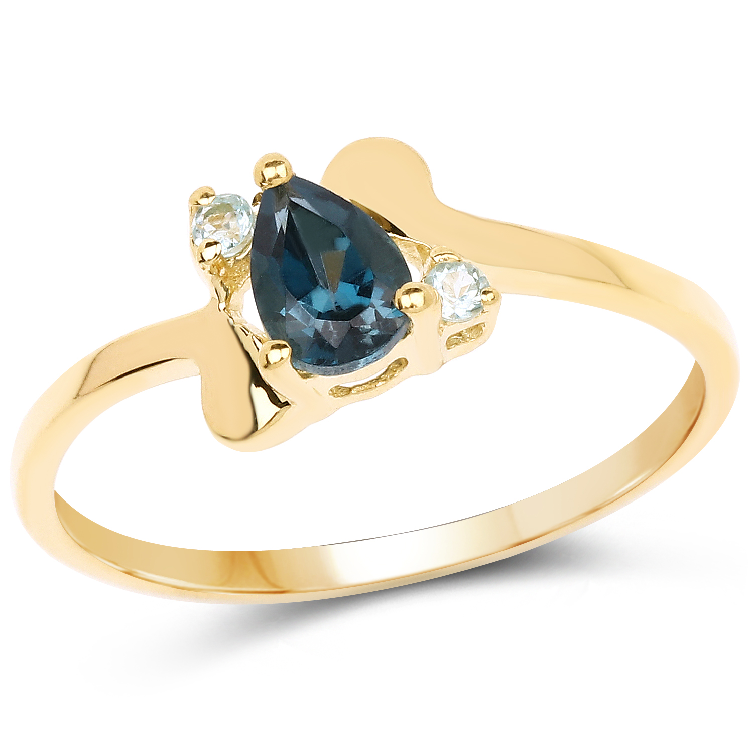 14K Yellow Gold Plated 0.58 Carat Genuine London Blue Topaz and Swiss Blue Topaz .925 Sterling Silver Ring