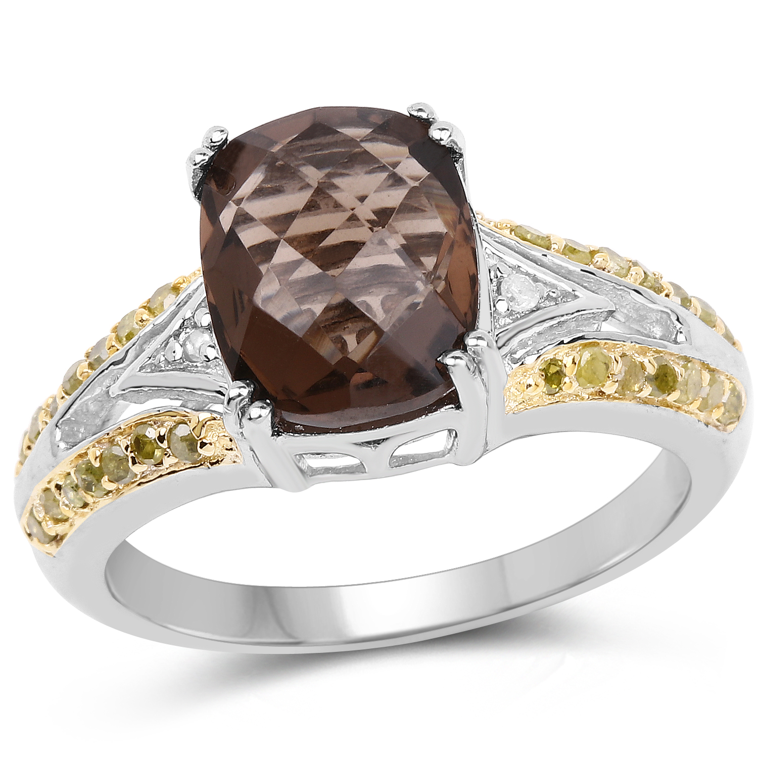 2.47 Carat Genuine Smoky Quartz, Yellow Diamond & White Diamond .925 Sterling Silver Ring