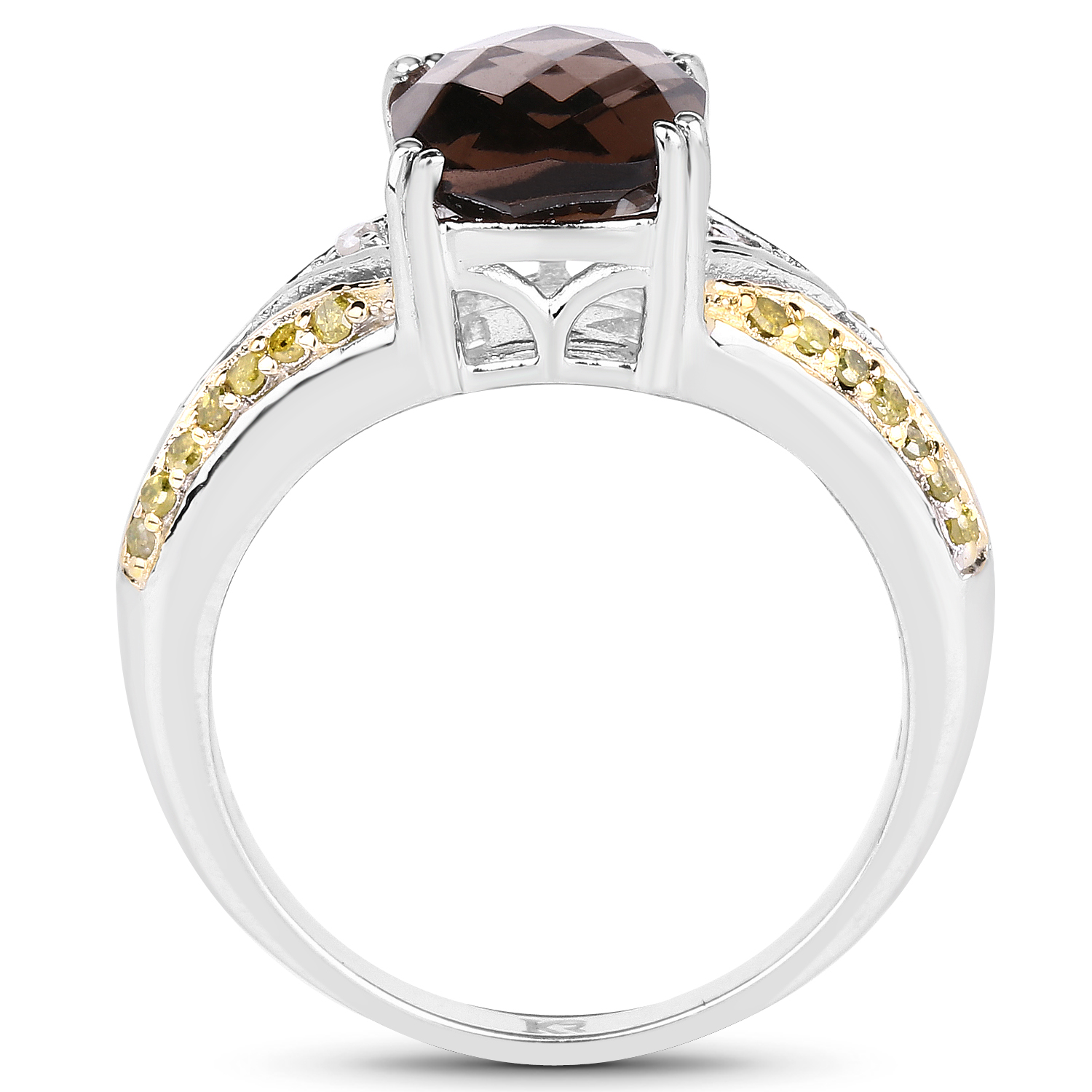 2.47 Carat Genuine Smoky Quartz, Yellow Diamond & White Diamond .925 Sterling Silver Ring