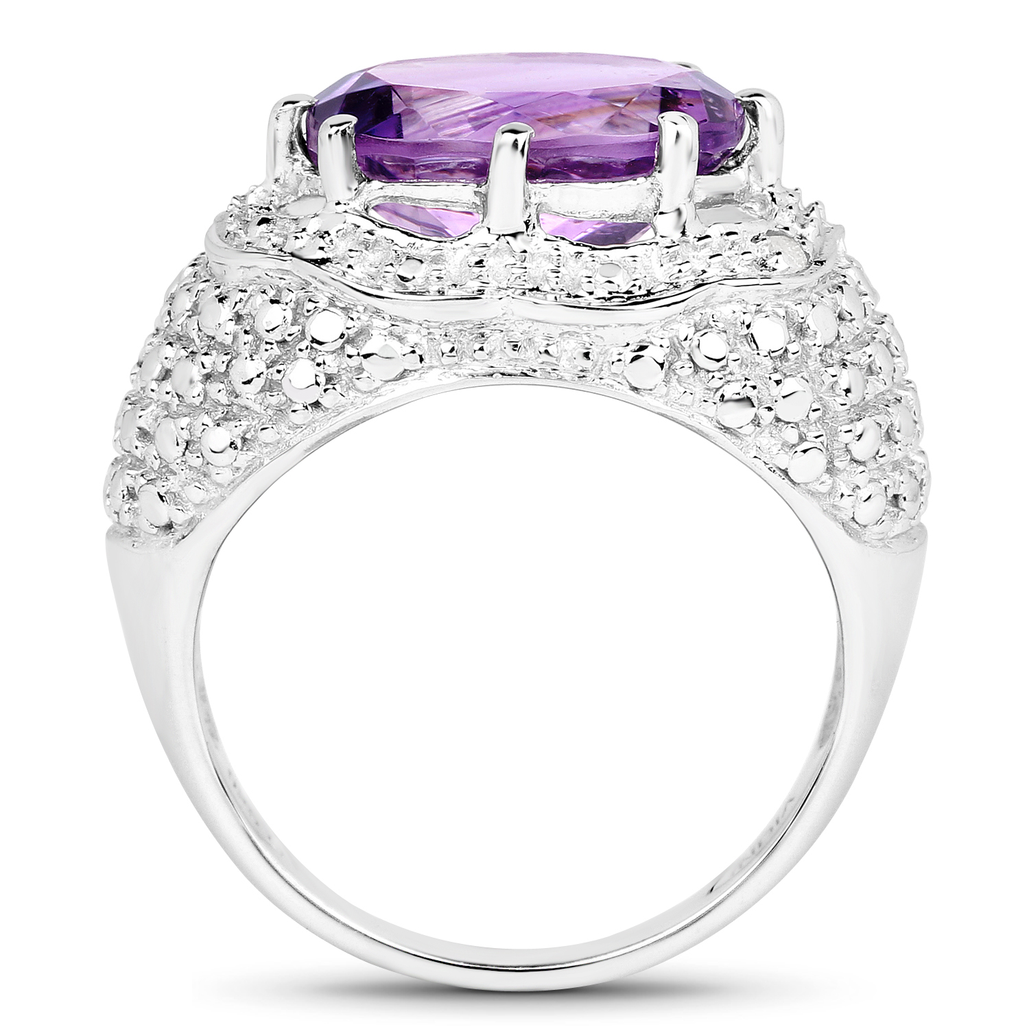 14K White Gold Plated 3.82 Carat Genuine Amethyst and White Diamond .925 Sterling Silver Ring