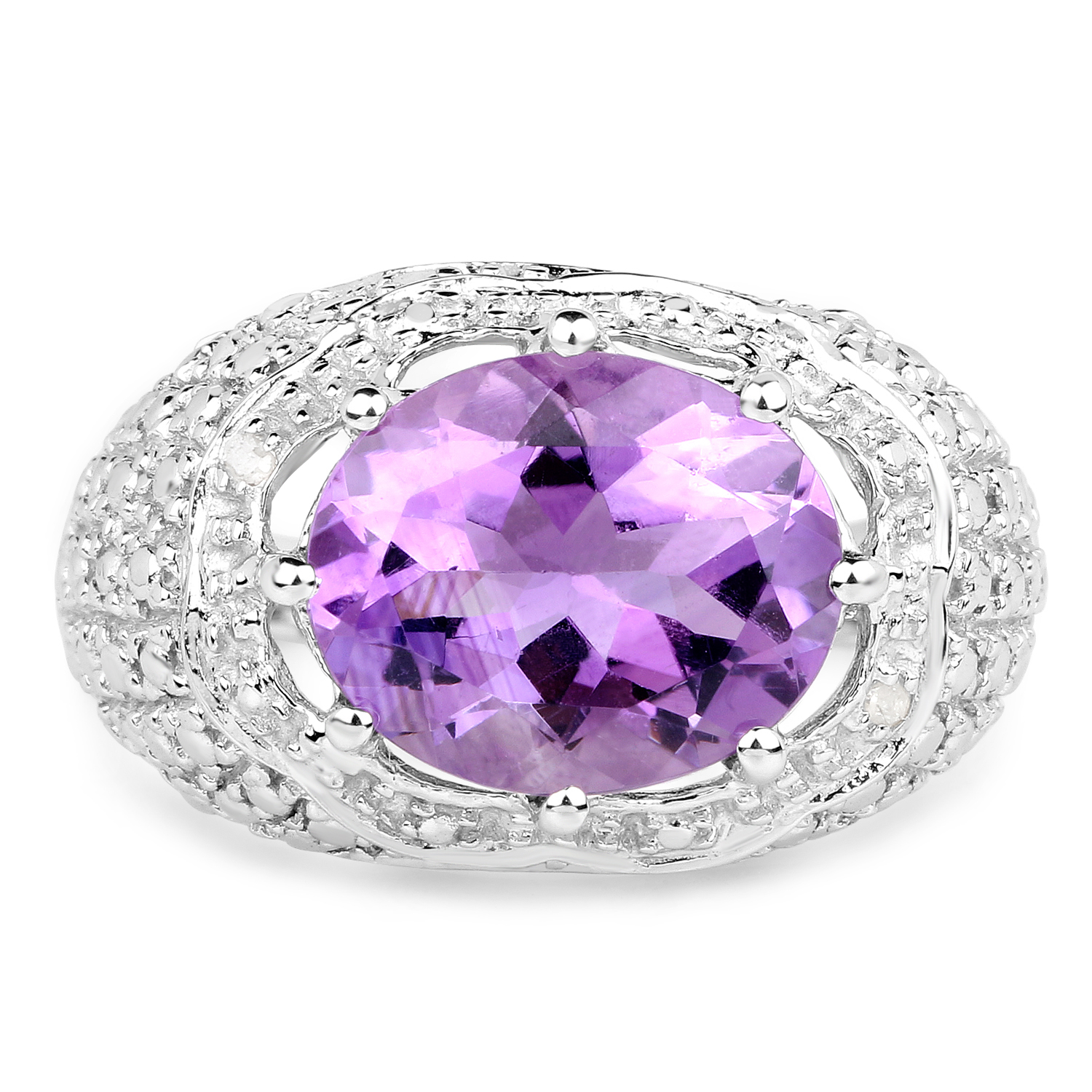 14K White Gold Plated 3.82 Carat Genuine Amethyst and White Diamond .925 Sterling Silver Ring