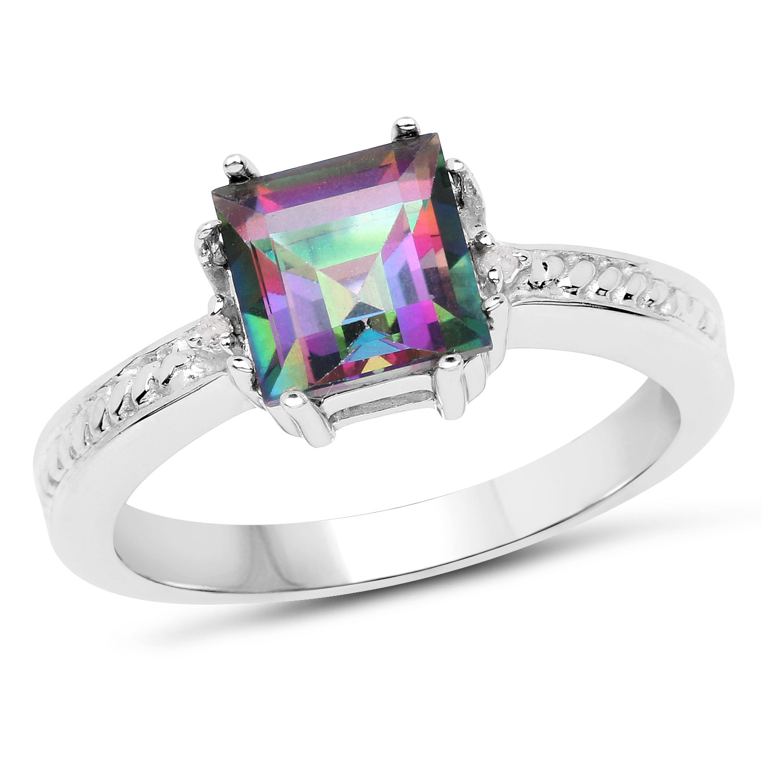 2.16 Carat Genuine Rainbow Quartz and White Topaz .925 Sterling Silver Ring