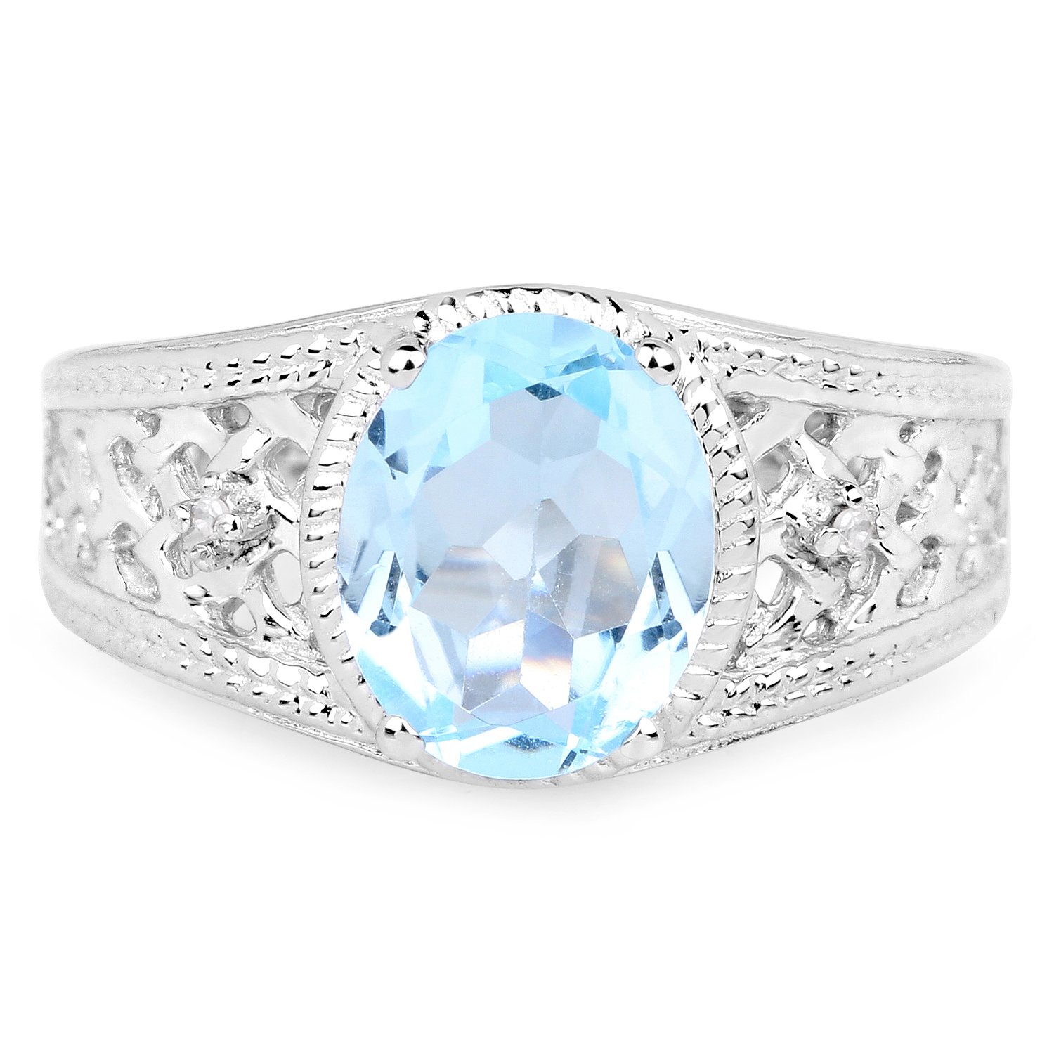 14K White Gold Plated 2.56 Carat Genuine Blue Topaz and White Topaz .925 Sterling Silver Ring