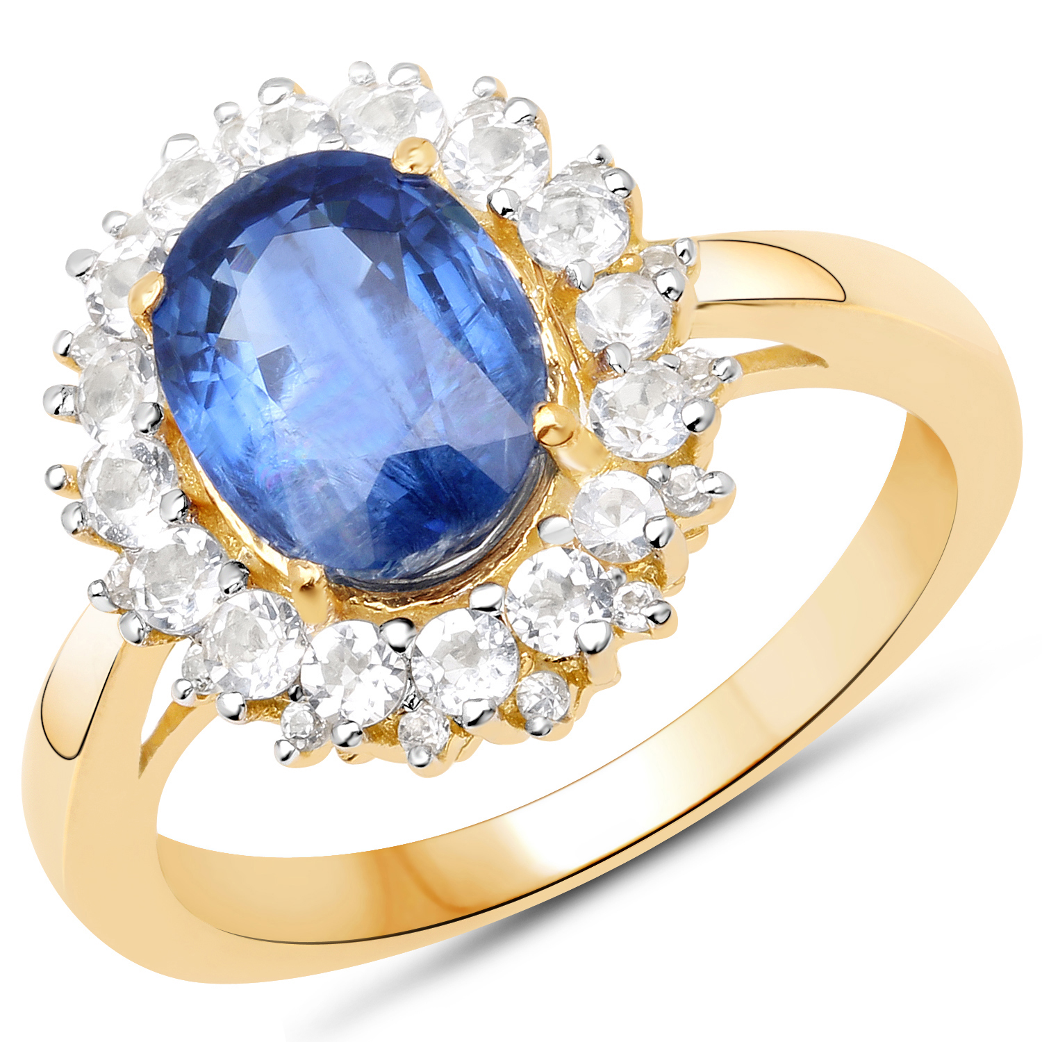 14K Yellow Gold Plated 2.94 Carat Genuine Kyanite and White Topaz .925 Sterling Silver Ring