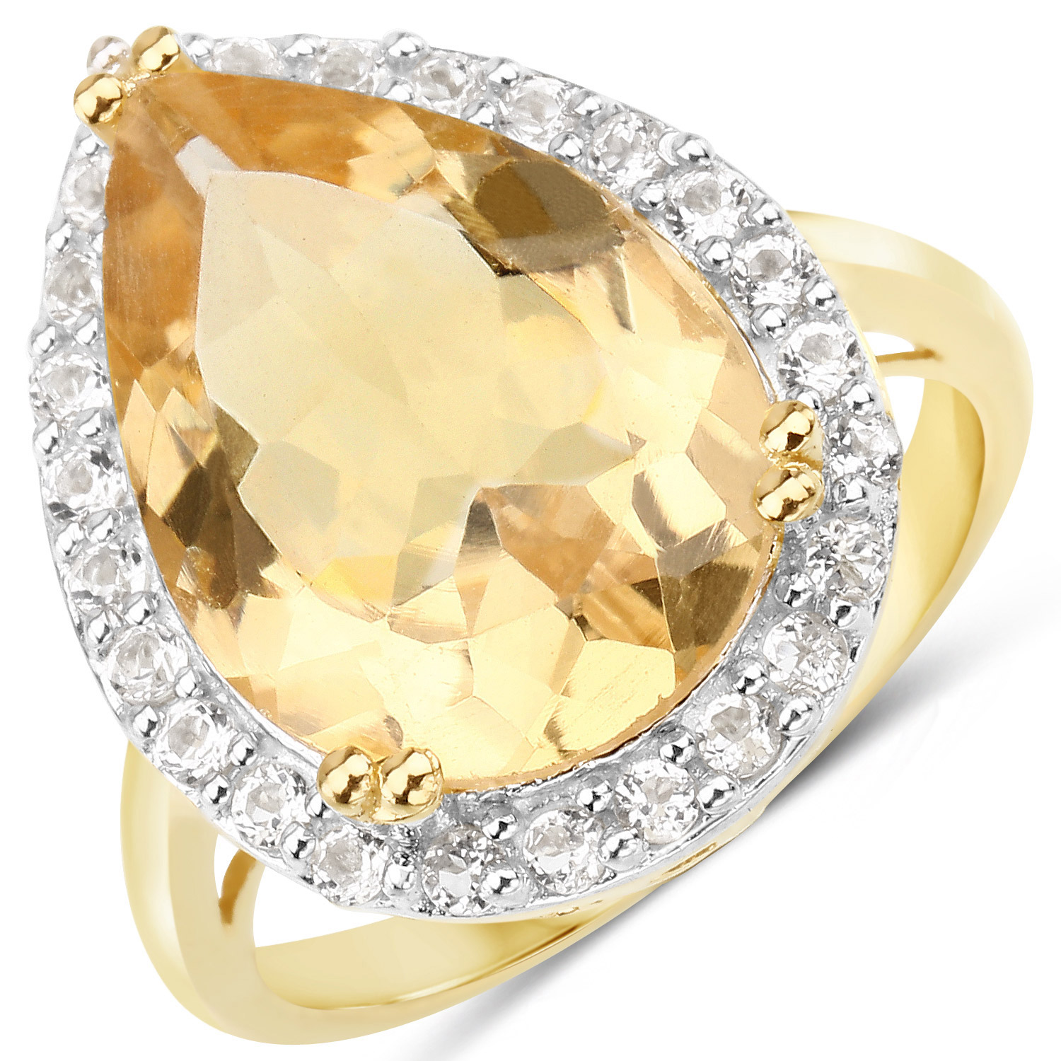 14K Yellow Gold Plated 9.40 Carat Genuine Citrine and White Topaz .925 Sterling Silver Ring