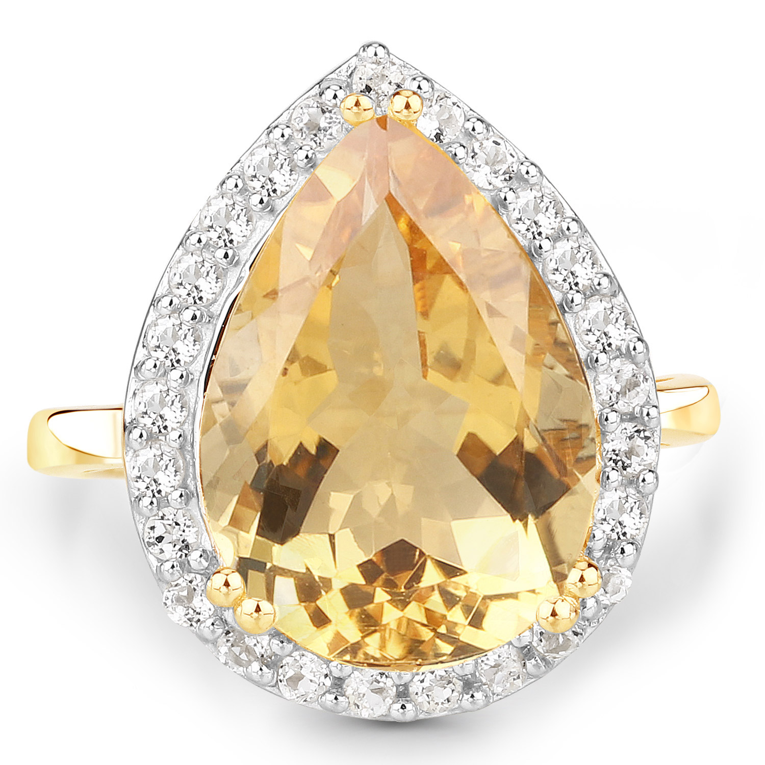 14K Yellow Gold Plated 9.40 Carat Genuine Citrine and White Topaz .925 Sterling Silver Ring