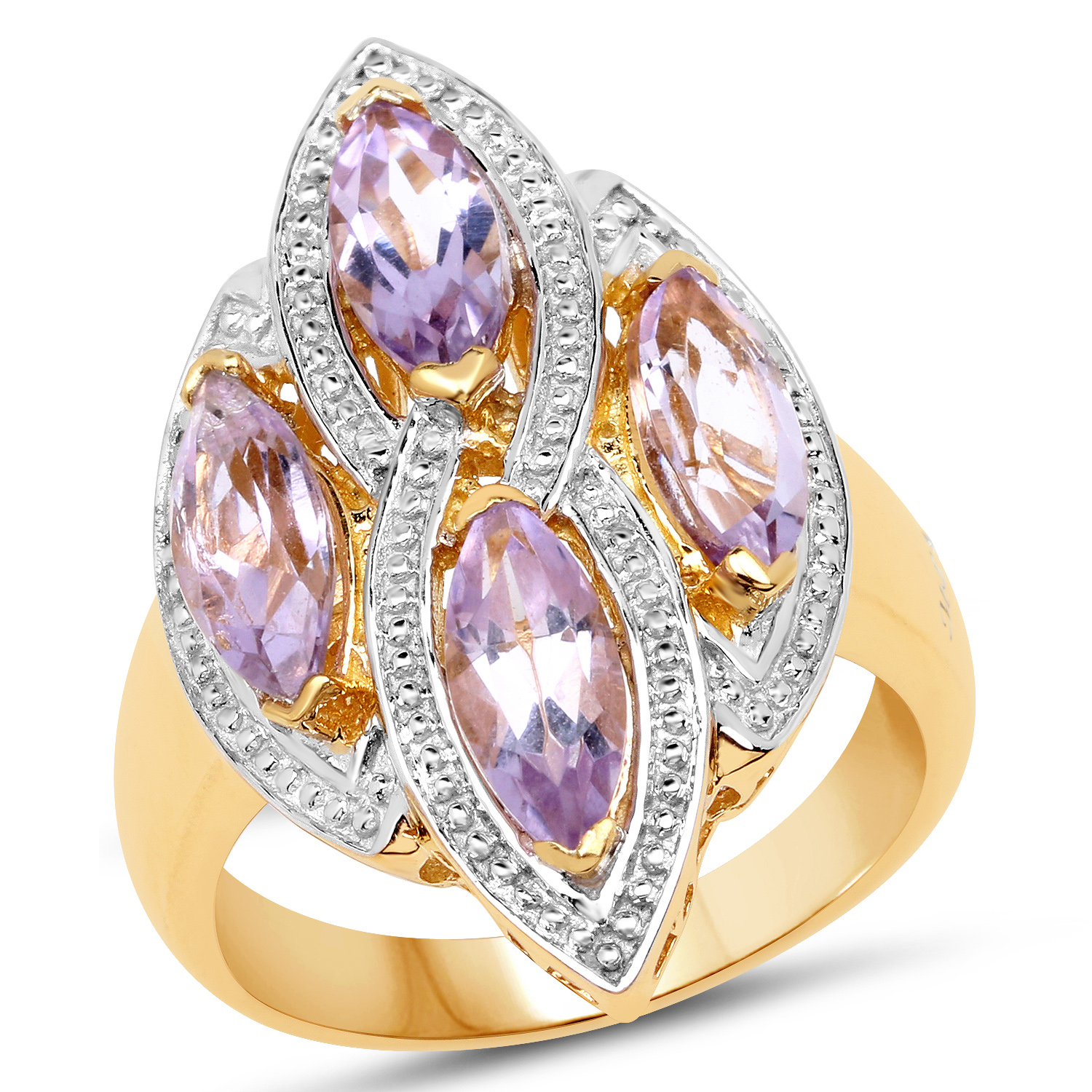 14K Yellow Gold Plated 3.00 Carat Genuine Pink Amethyst & White Diamond .925 Sterling Silver Ring