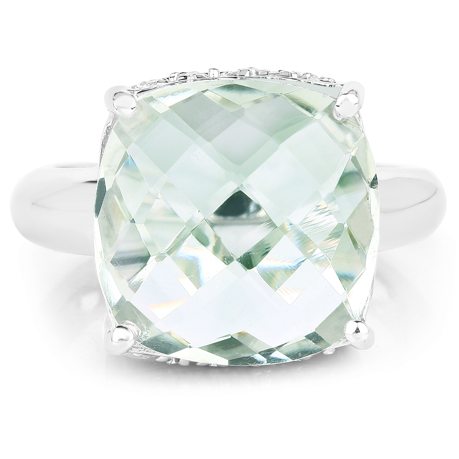 9.90 Carat Genuine Green Amethyst and White Topaz .925 Sterling Silver Ring