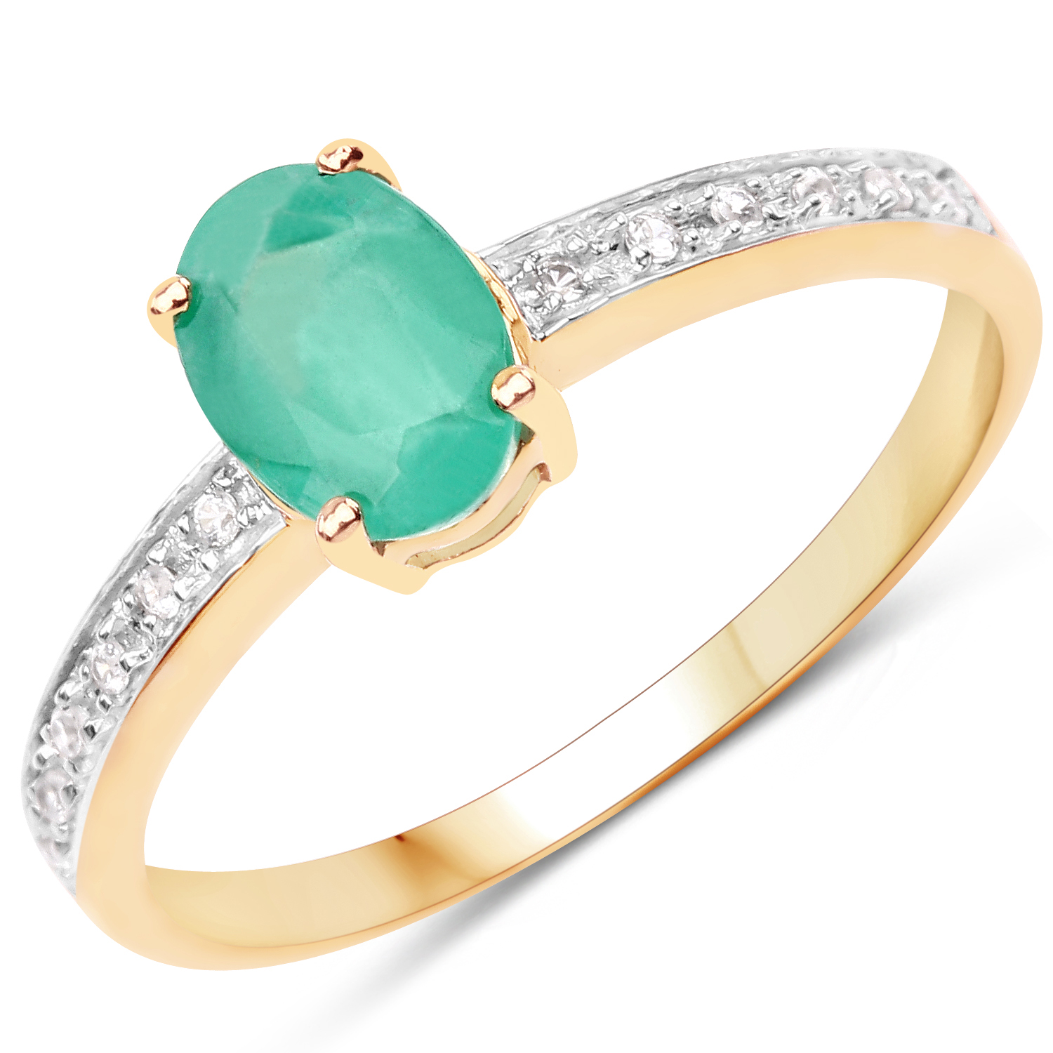 0.79 Carat Genuine Zambian Emerald and White Zircon 10K Yellow Gold Ring