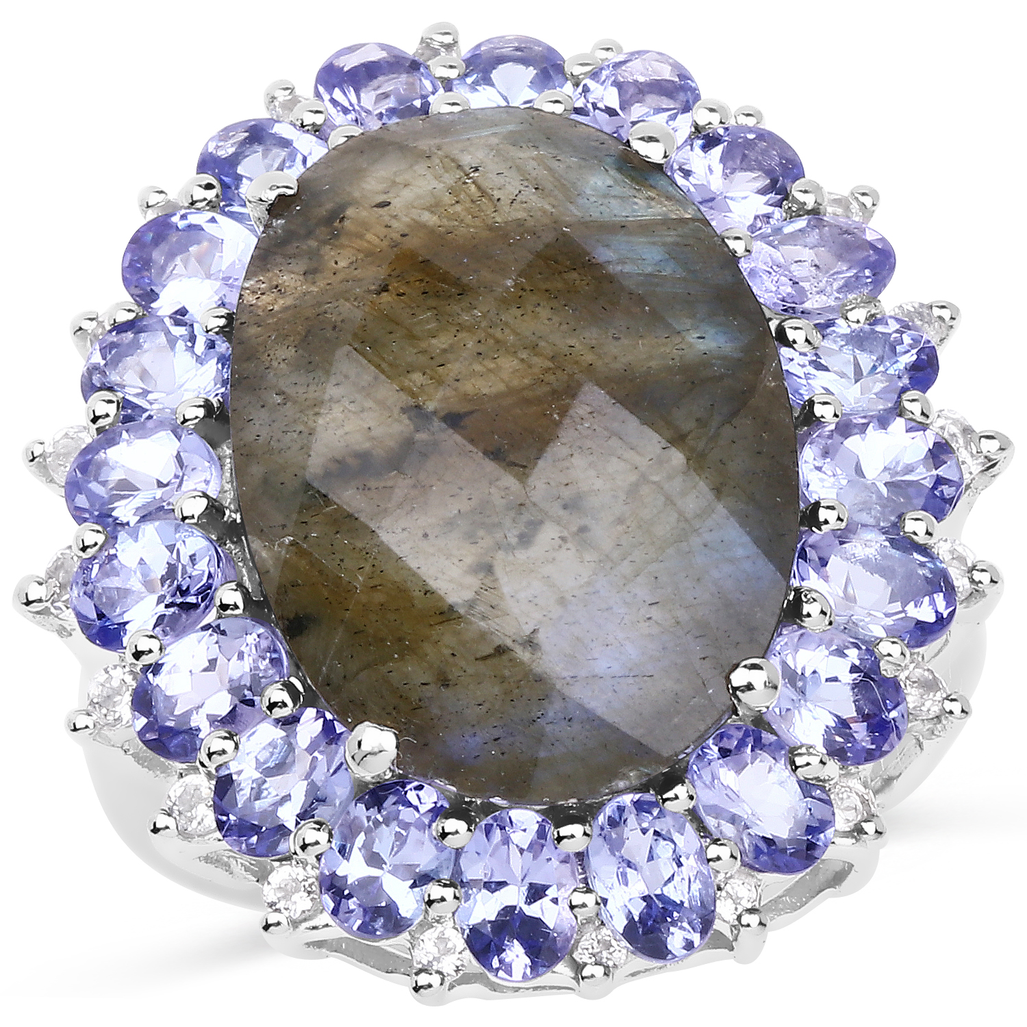 12.45 Carat Genuine Labradorite, Tanzanite & White Topaz .925 Sterling Silver Ring