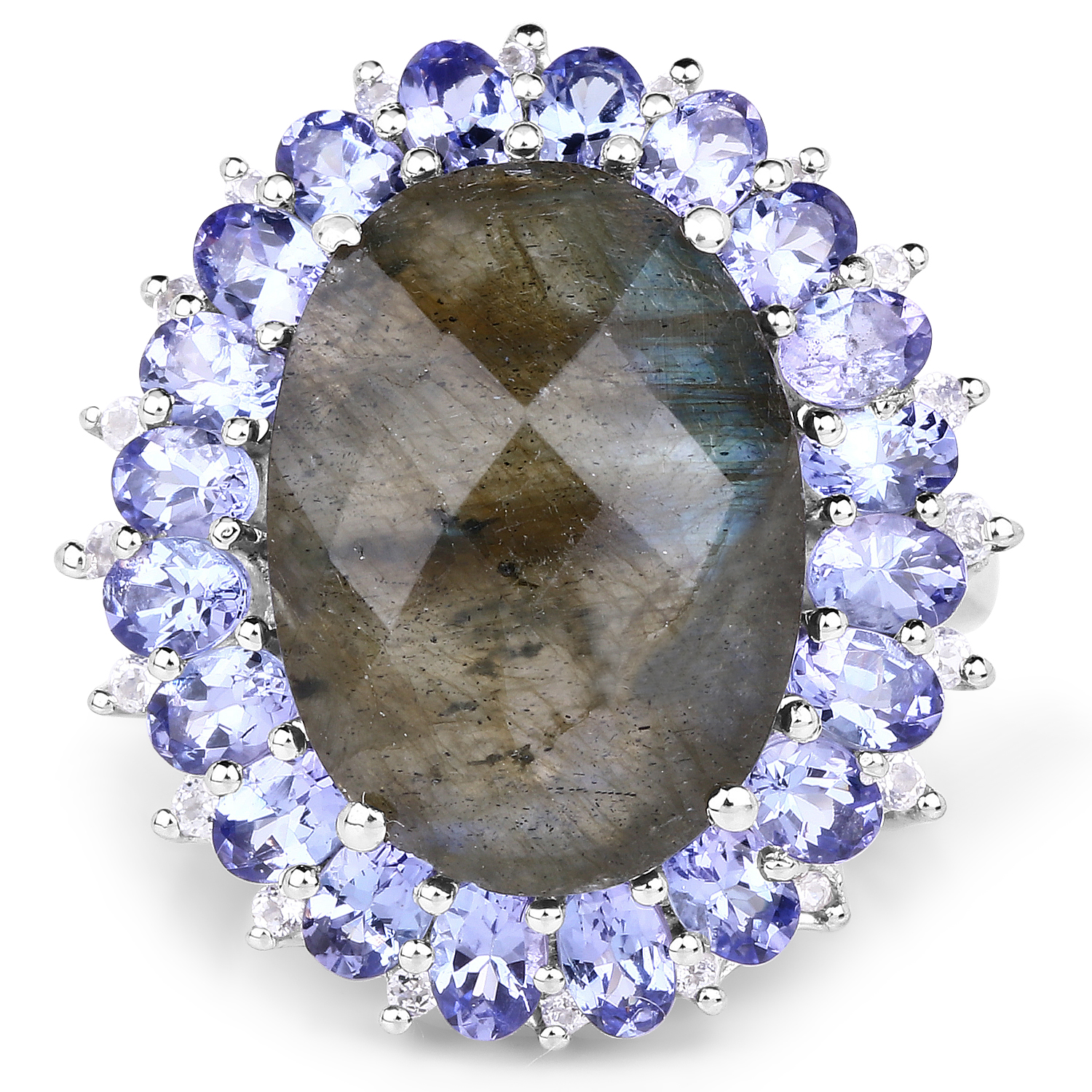 12.45 Carat Genuine Labradorite, Tanzanite & White Topaz .925 Sterling Silver Ring