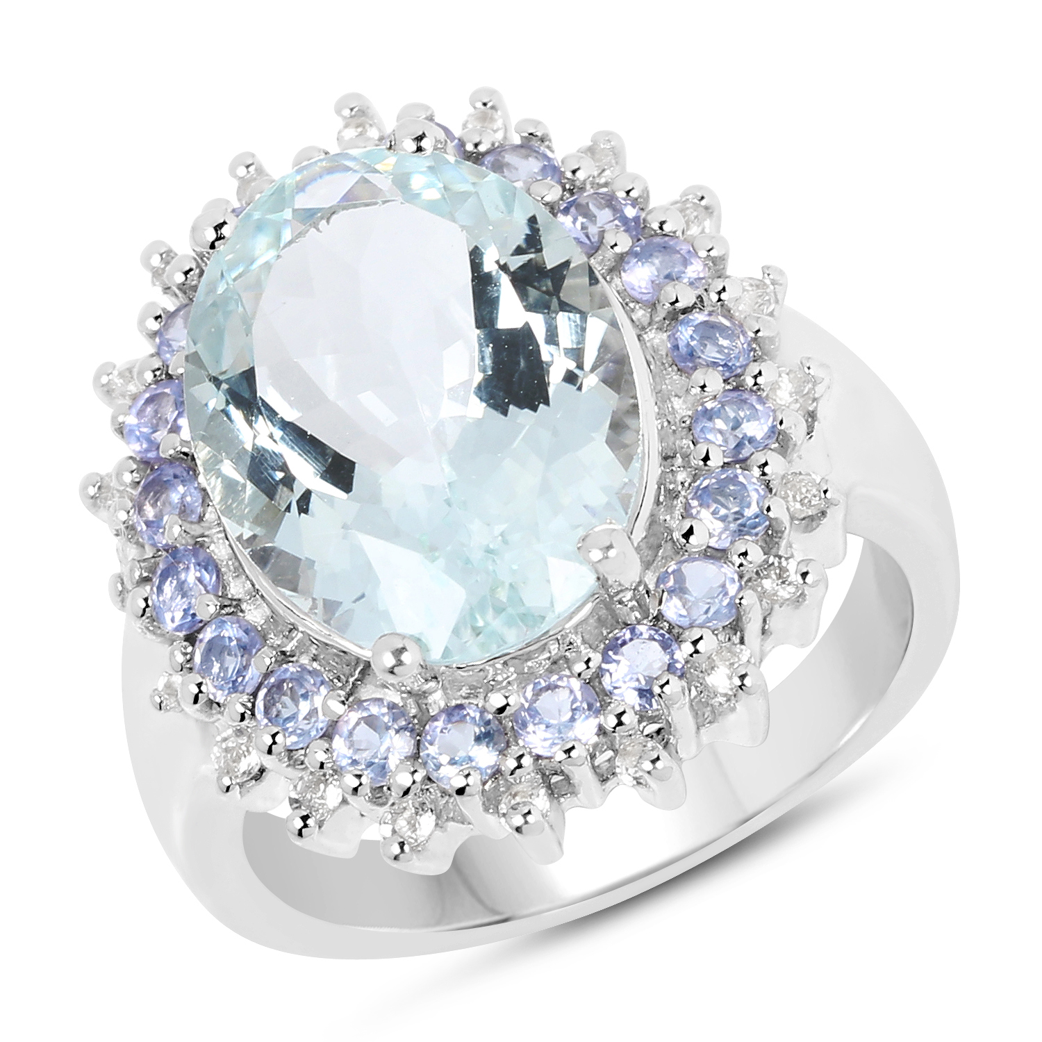 5.30 Carat Genuine Aquamarine, Tanzanite & White Topaz .925 Sterling Silver Ring