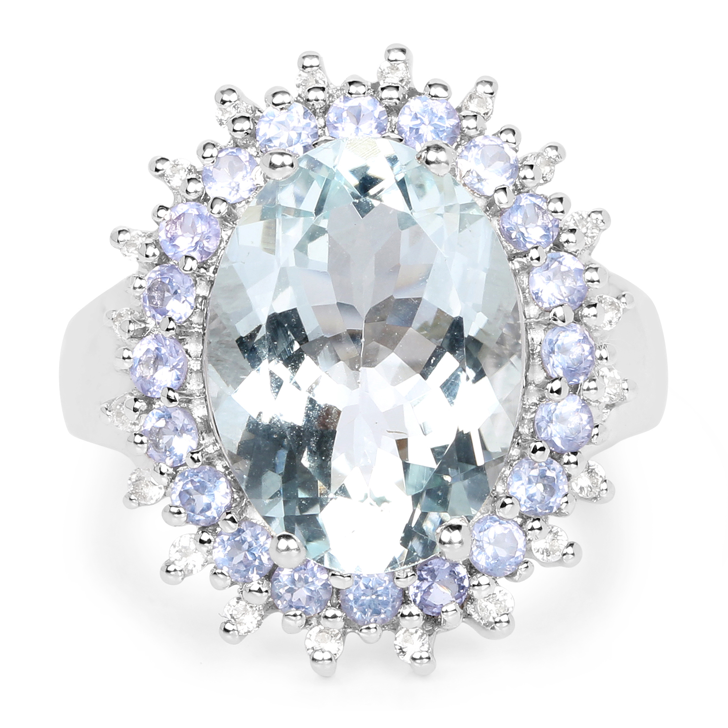 5.30 Carat Genuine Aquamarine, Tanzanite & White Topaz .925 Sterling Silver Ring