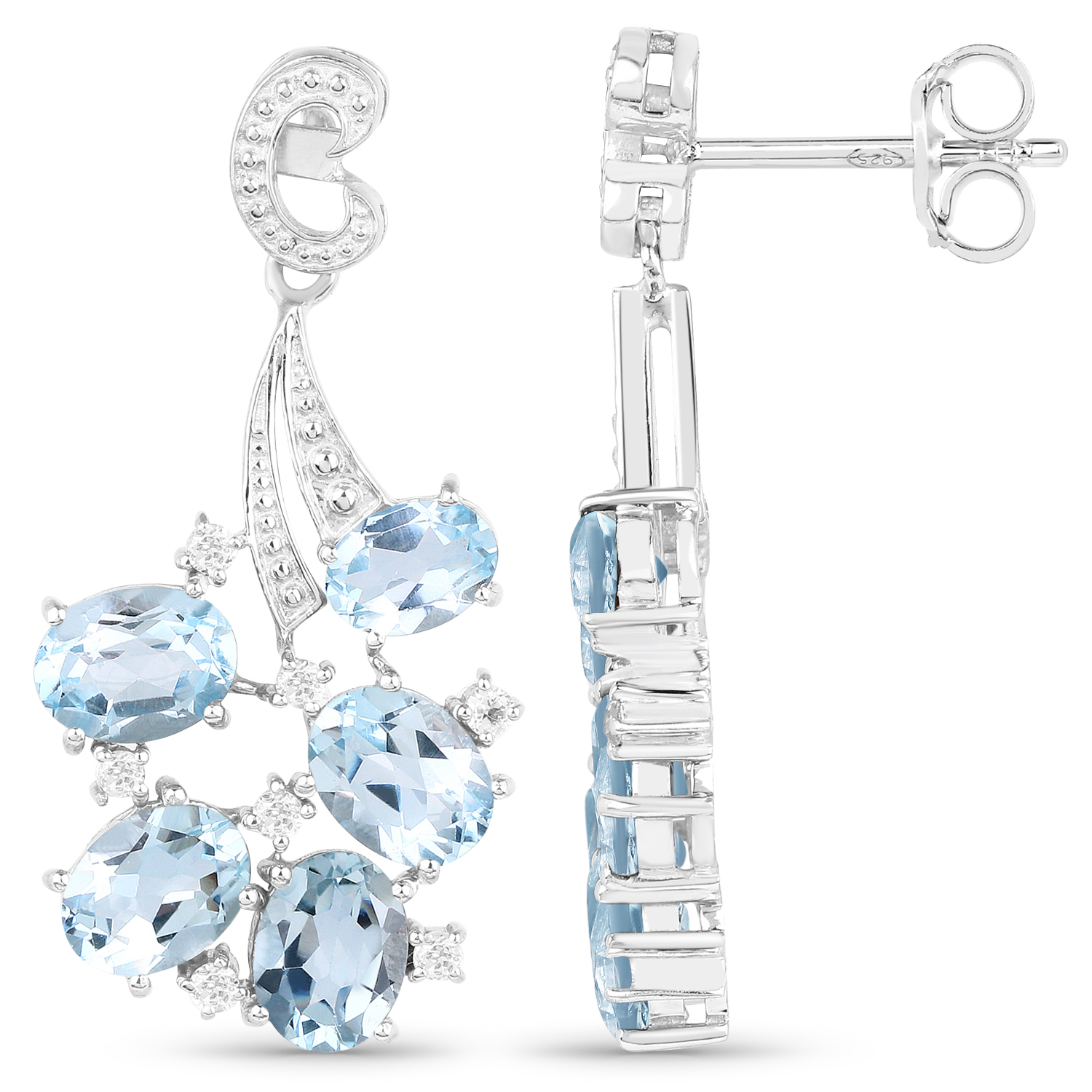 6.81 Carat Genuine Blue Topaz and White Topaz .925 Sterling Silver Earrings