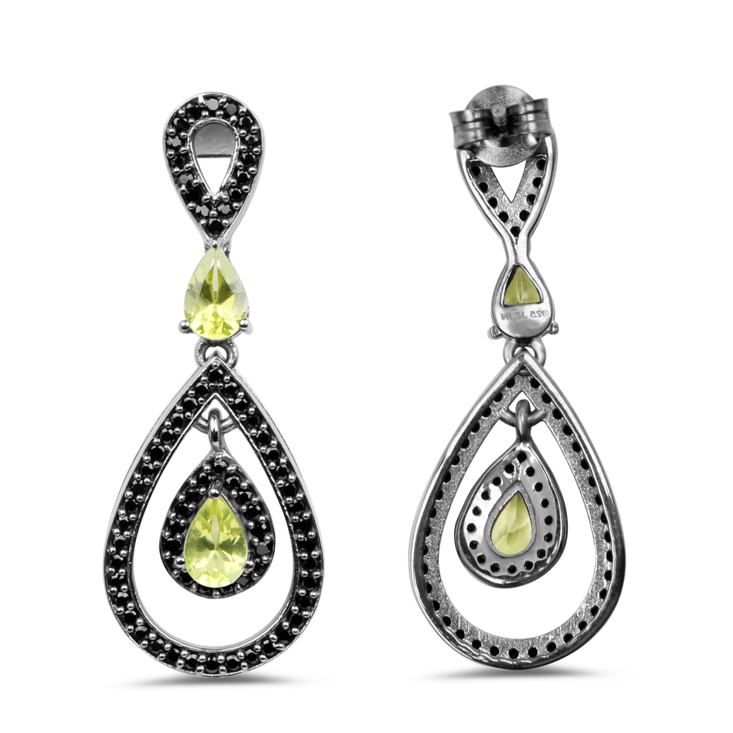 2.60 Carat Genuine Peridot and Black Spinel .925 Sterling Silver Earrings
