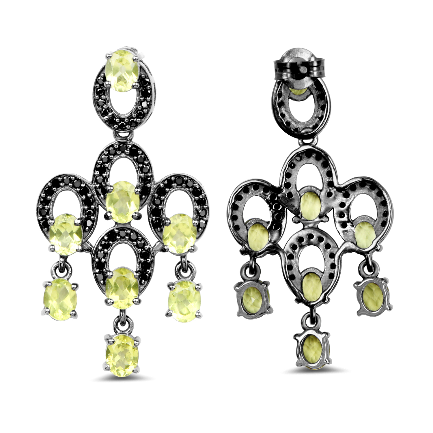 7.13 Carat Genuine Black Spinel & Peridot .925 Sterling Silver Earrings