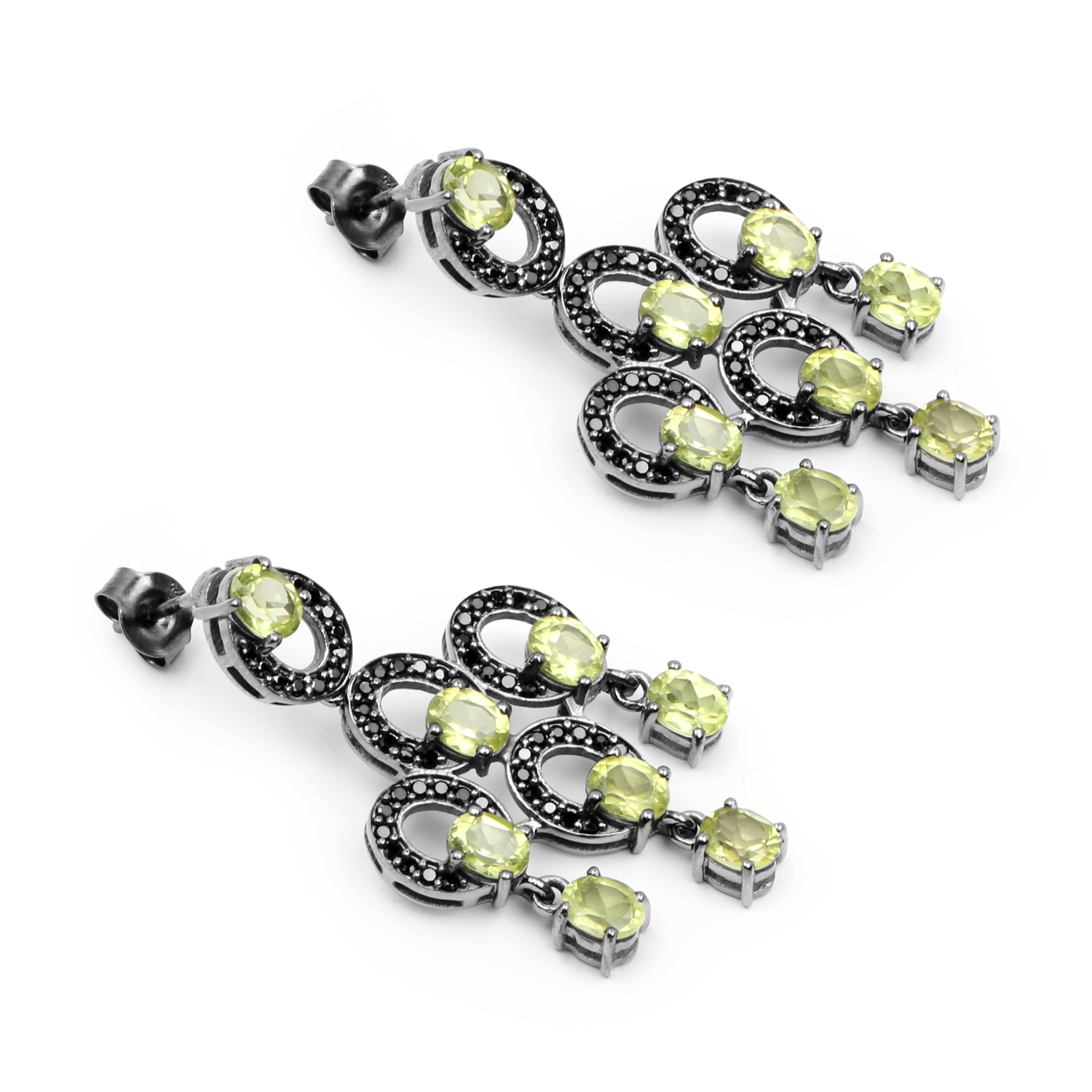 7.13 Carat Genuine Black Spinel & Peridot .925 Sterling Silver Earrings