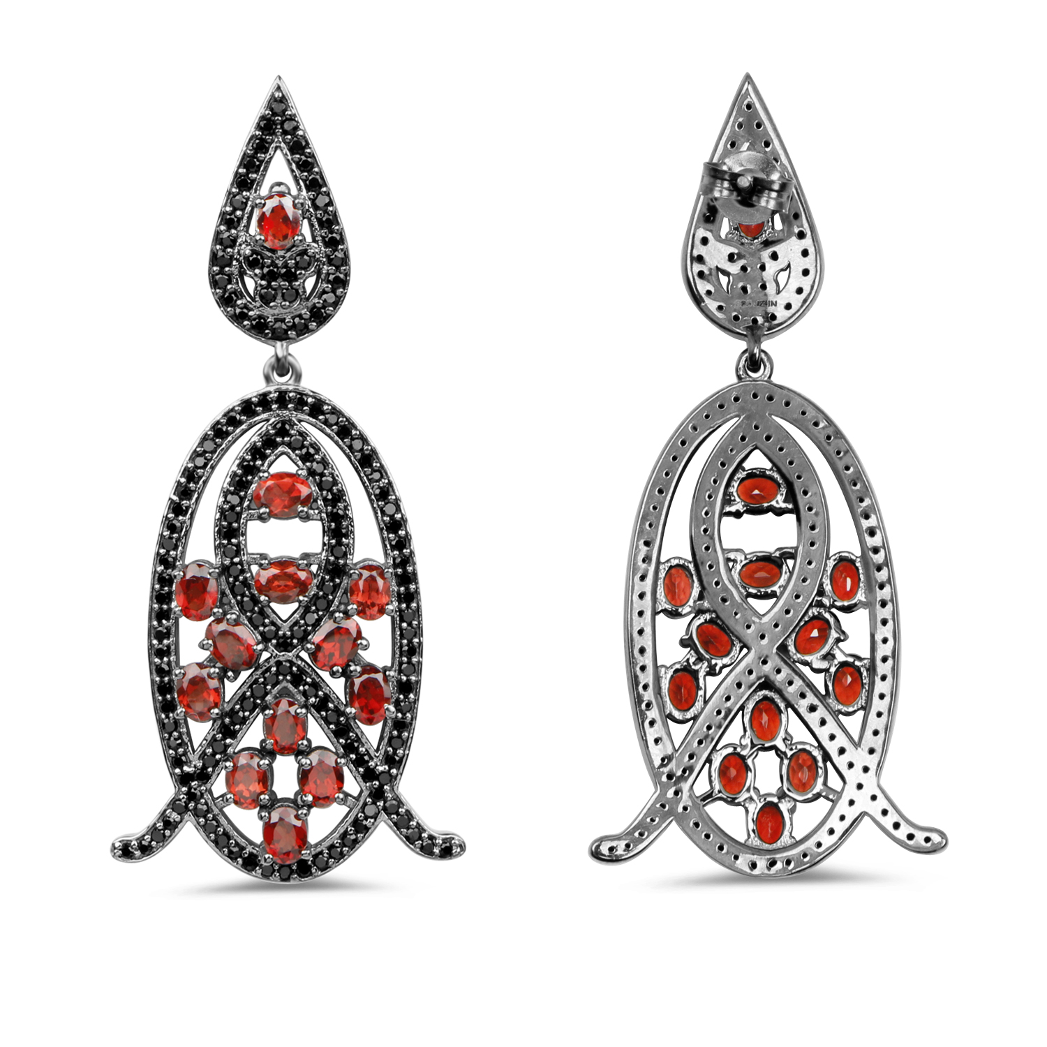 7.63 Carat Genuine Garnet and Black Spinel .925 Sterling Silver Earrings
