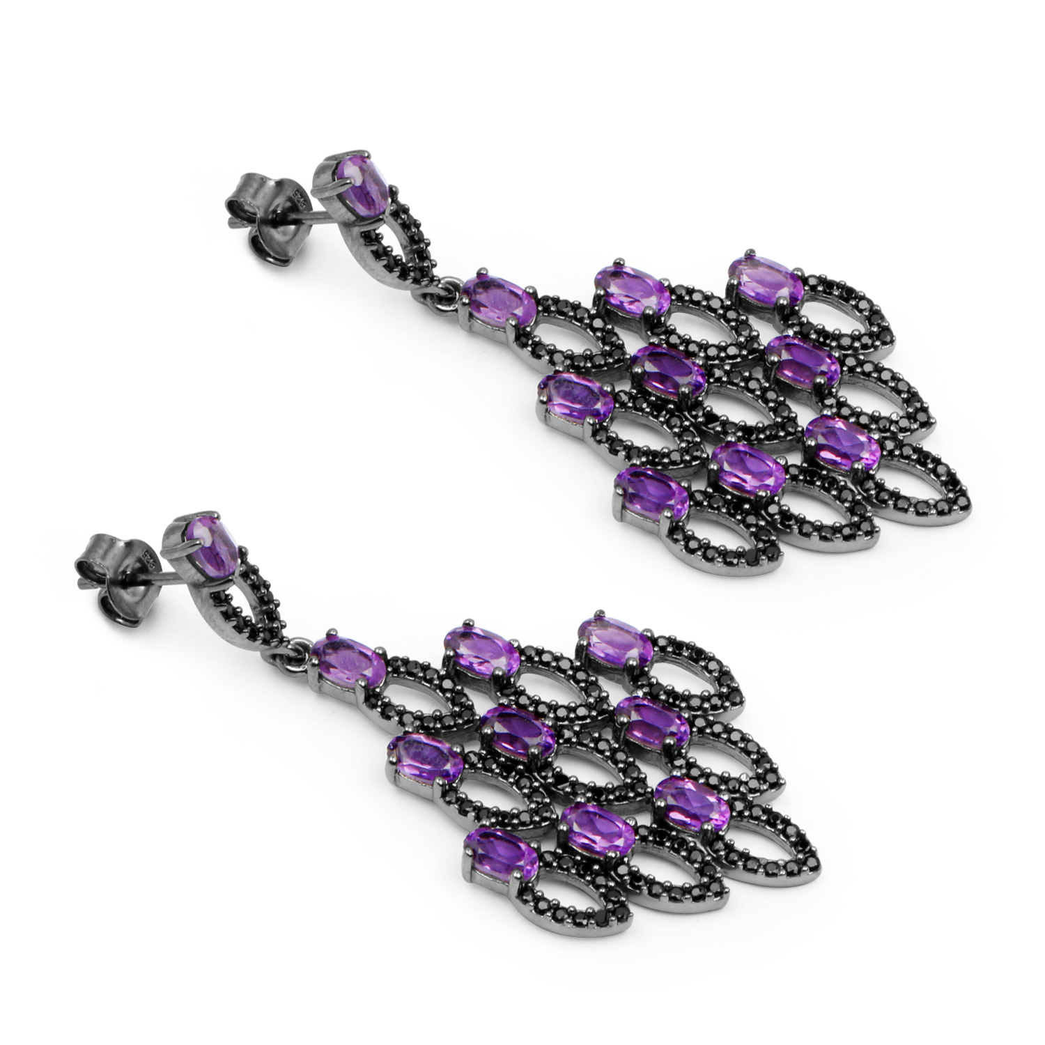 6.00 Carat Genuine Amethyst and Black Spinel .925 Sterling Silver Earrings