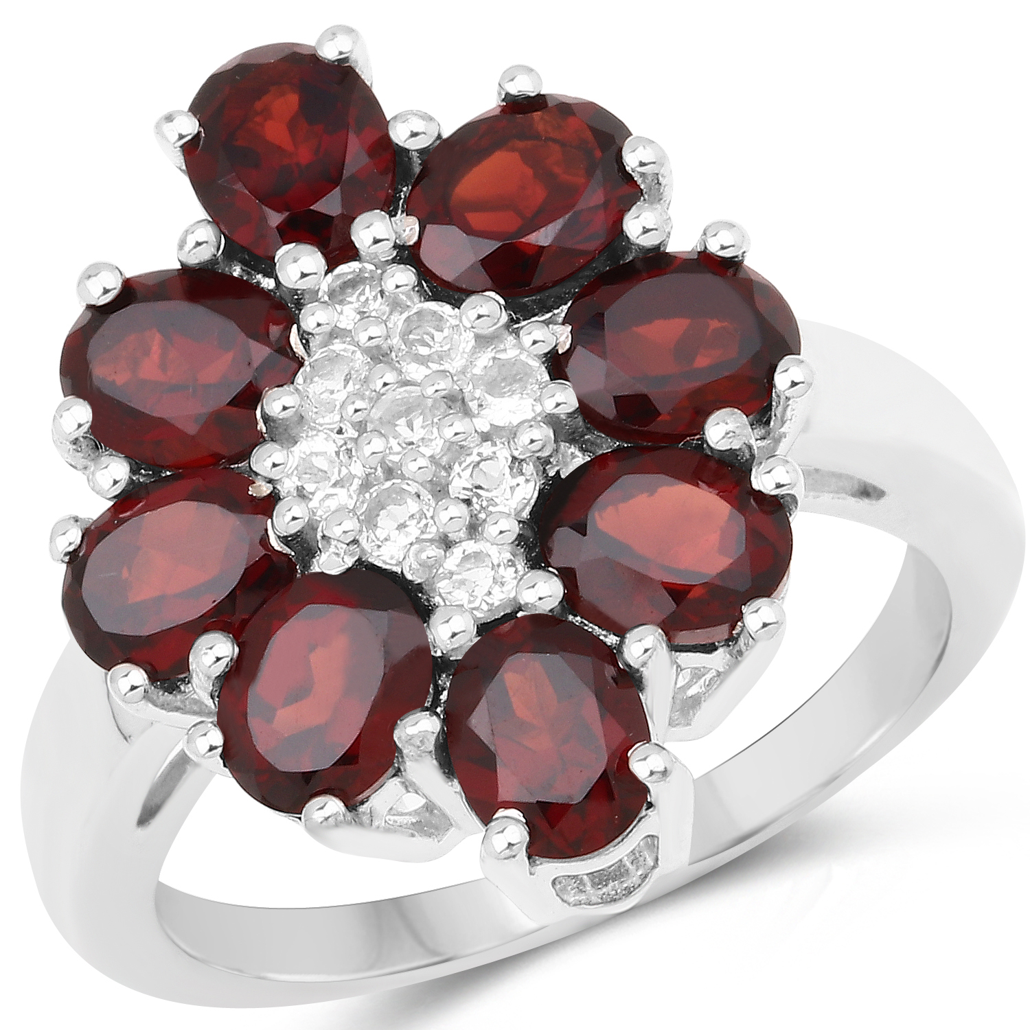 3.75 Carat Genuine Garnet and White Topaz .925 Sterling Silver Ring