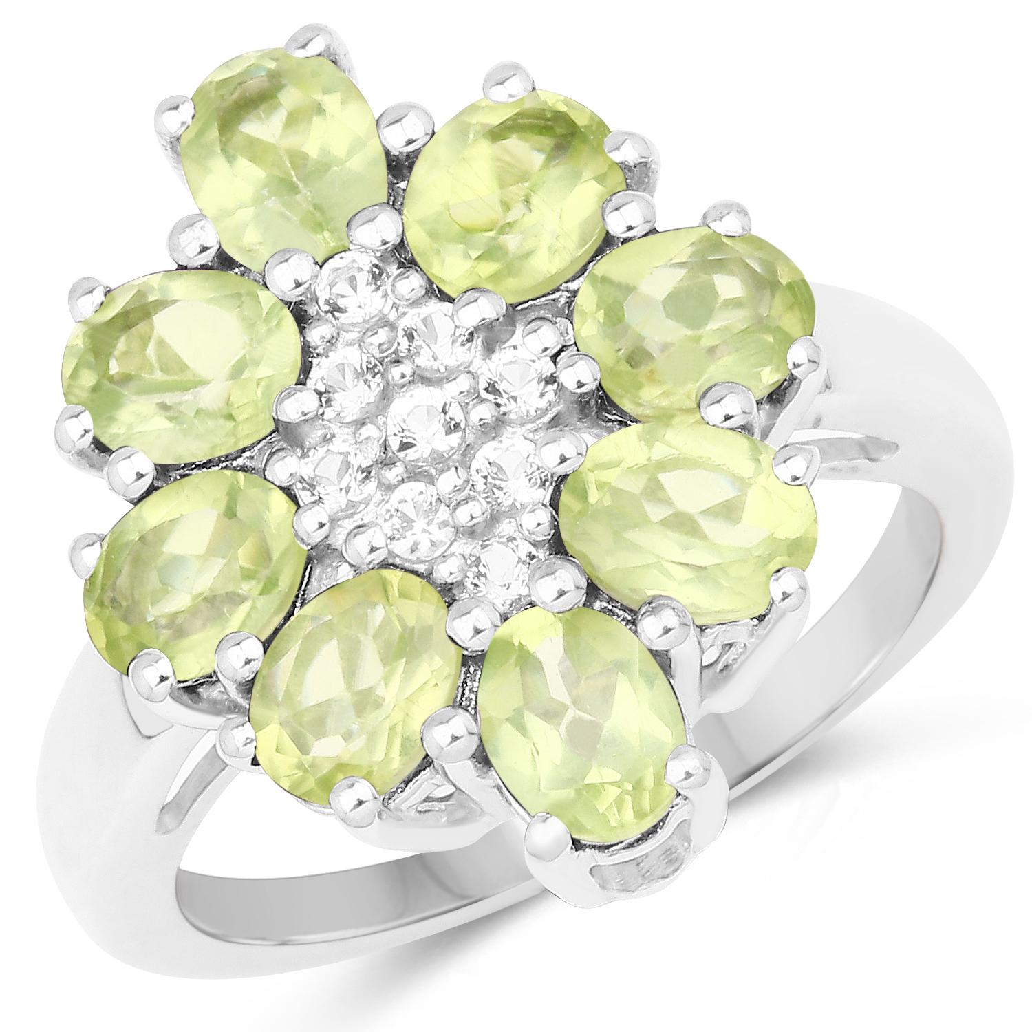 3.43 Carat Genuine Peridot and White Topaz .925 Sterling Silver Ring