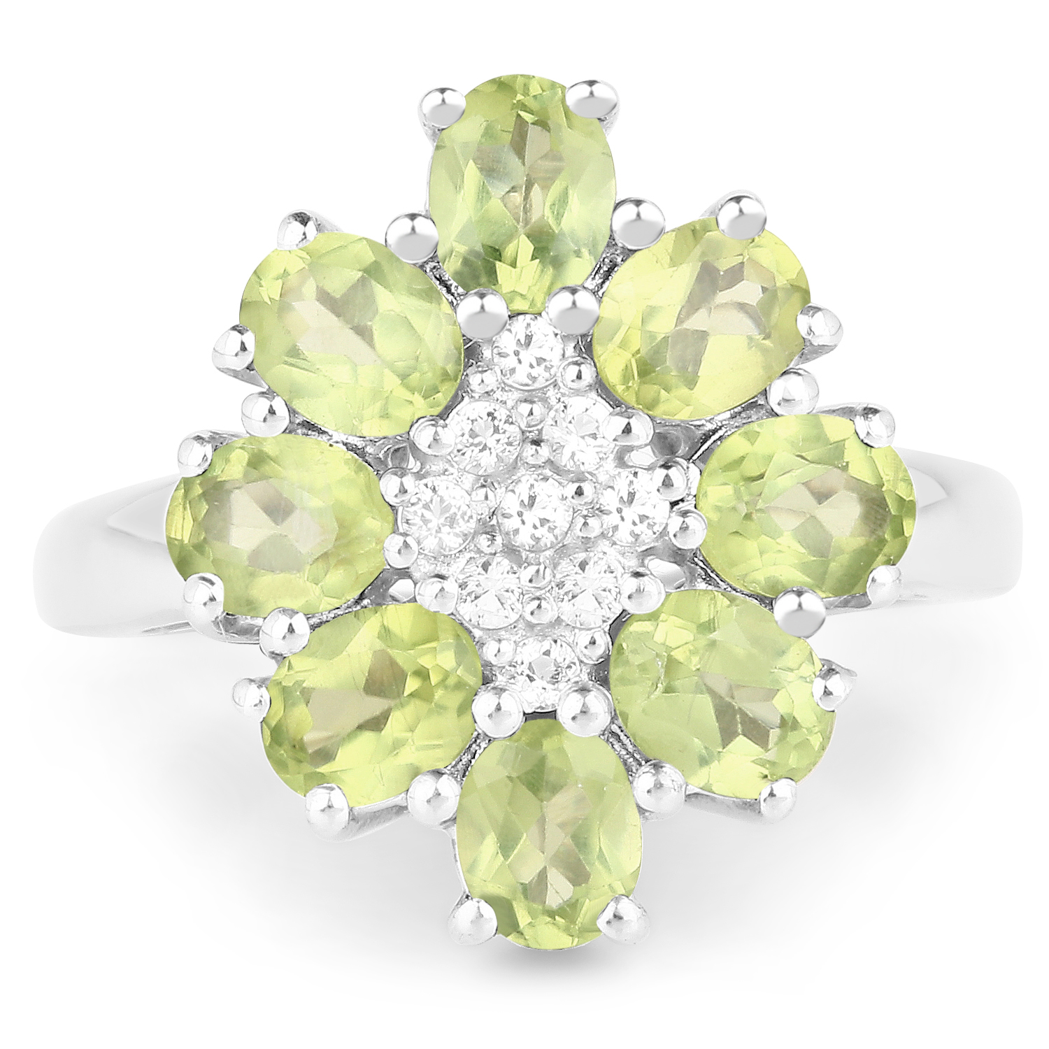 3.43 Carat Genuine Peridot and White Topaz .925 Sterling Silver Ring