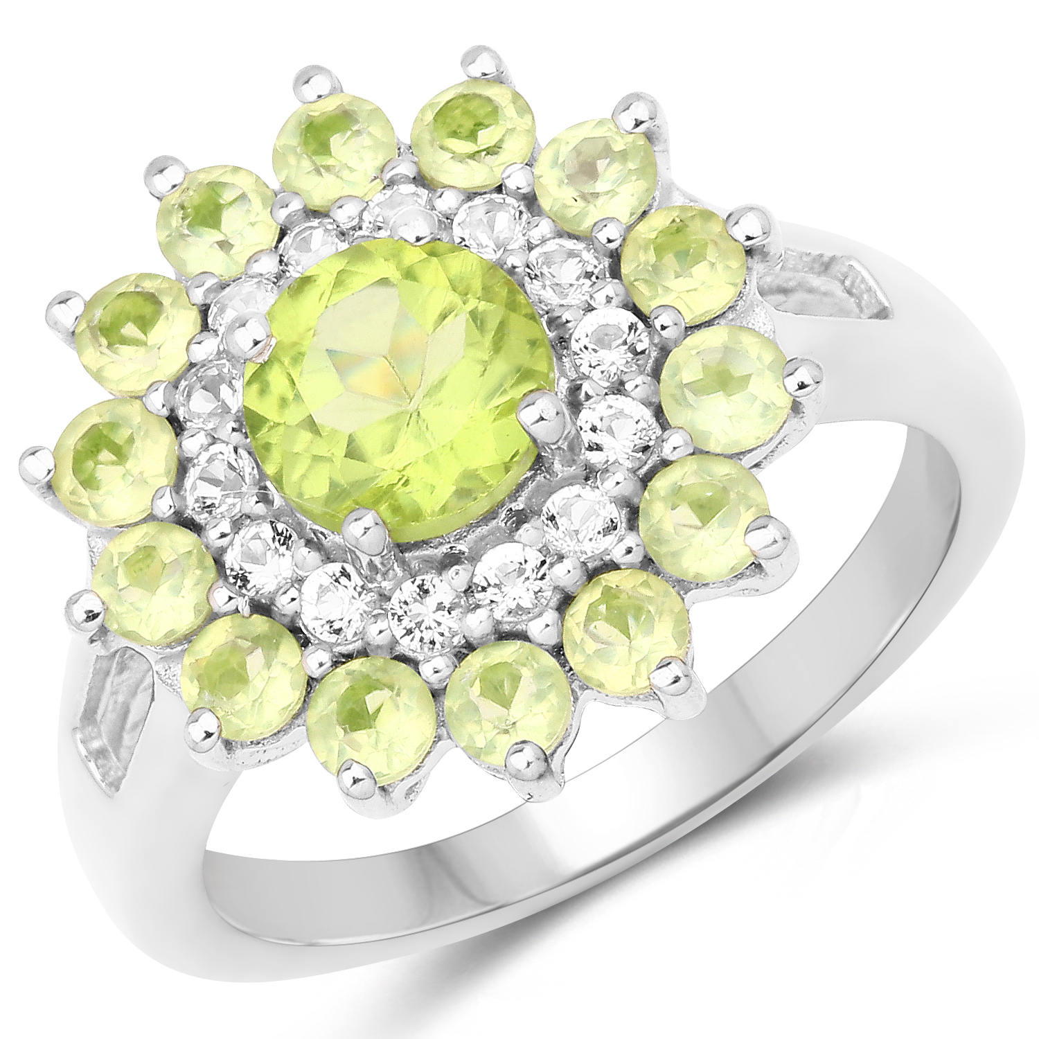 2.29 Carat Genuine Peridot and White Topaz .925 Sterling Silver Ring