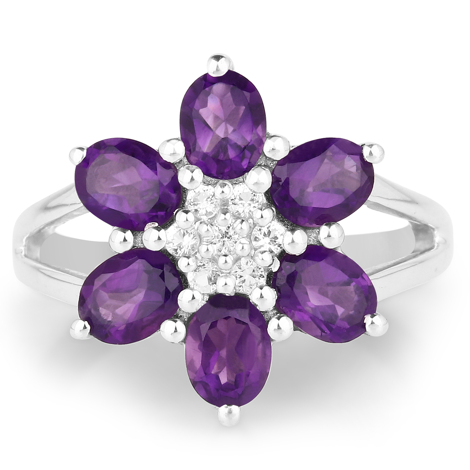 2.46 Carat Genuine Amethyst and White Topaz .925 Sterling Silver Ring