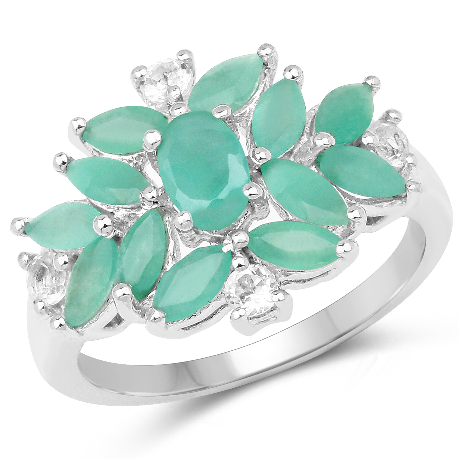 1.68 Carat Genuine Emerald and White Topaz .925 Sterling Silver Ring