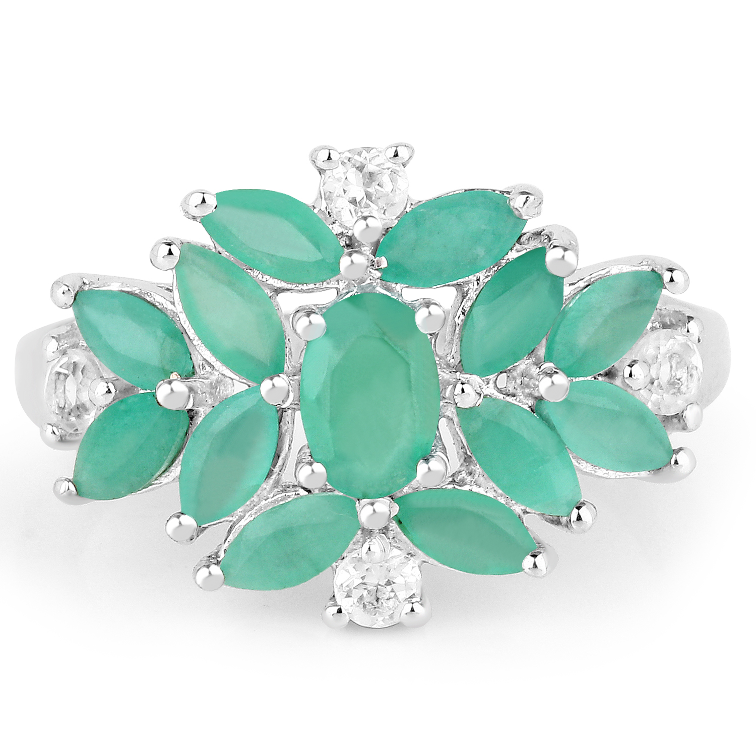 1.68 Carat Genuine Emerald and White Topaz .925 Sterling Silver Ring