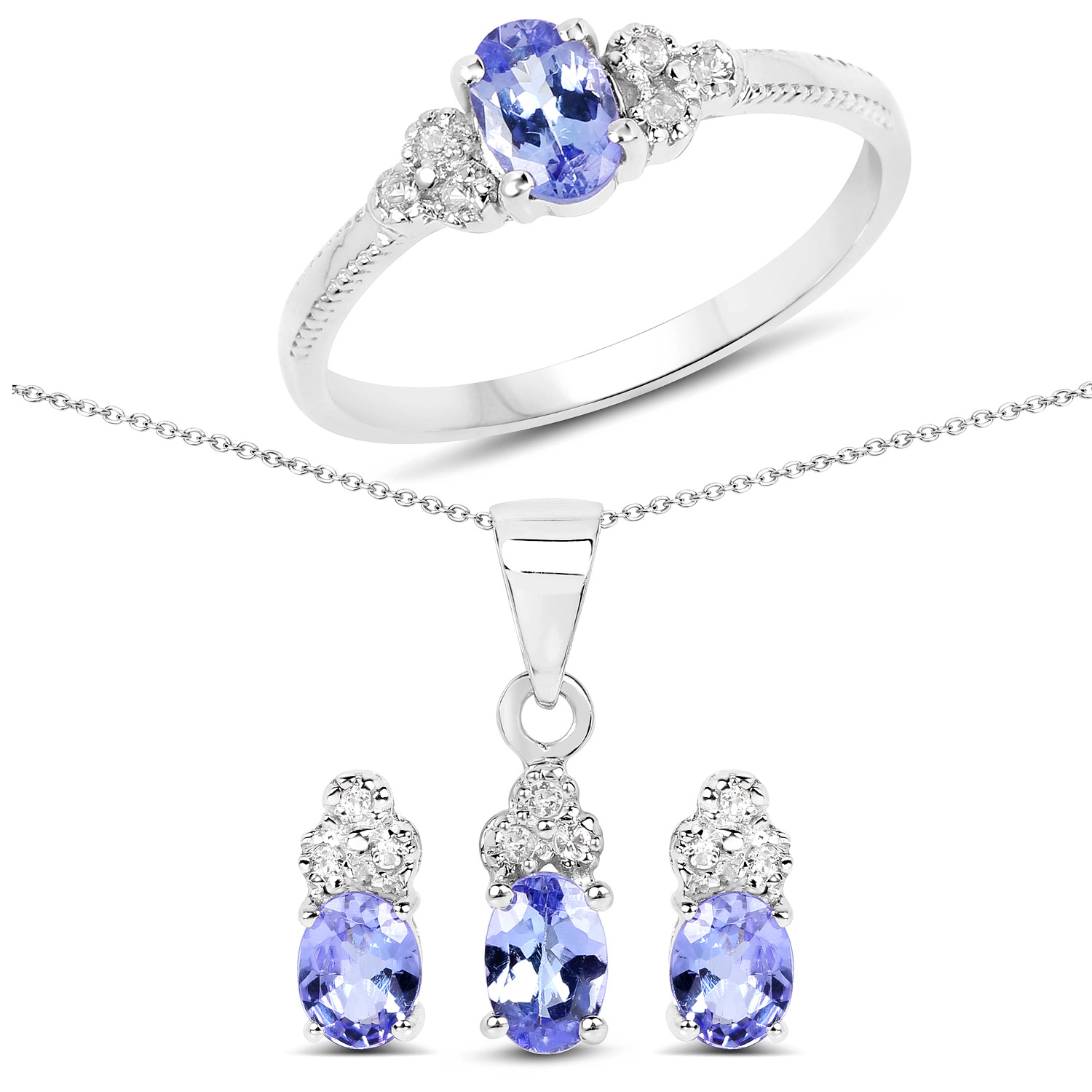1.66 Carat Genuine Tanzanite and White Topaz .925 Sterling Silver 3 Piece Jewelry Set (Ring, Earrings, and Pendant w/ Chain)