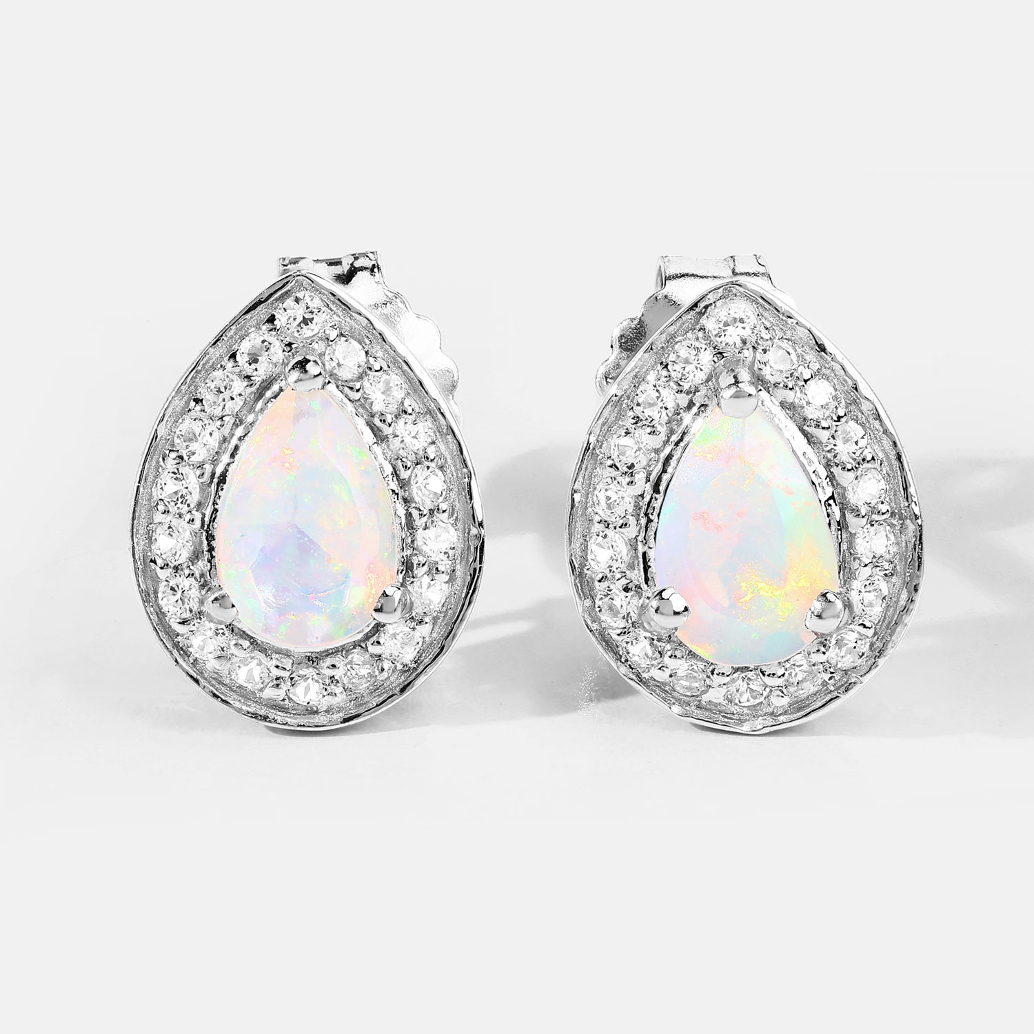 0.71 Carat Genuine Ethiopian Opal and Created White Sapphire .925 Sterling Silver Earrings