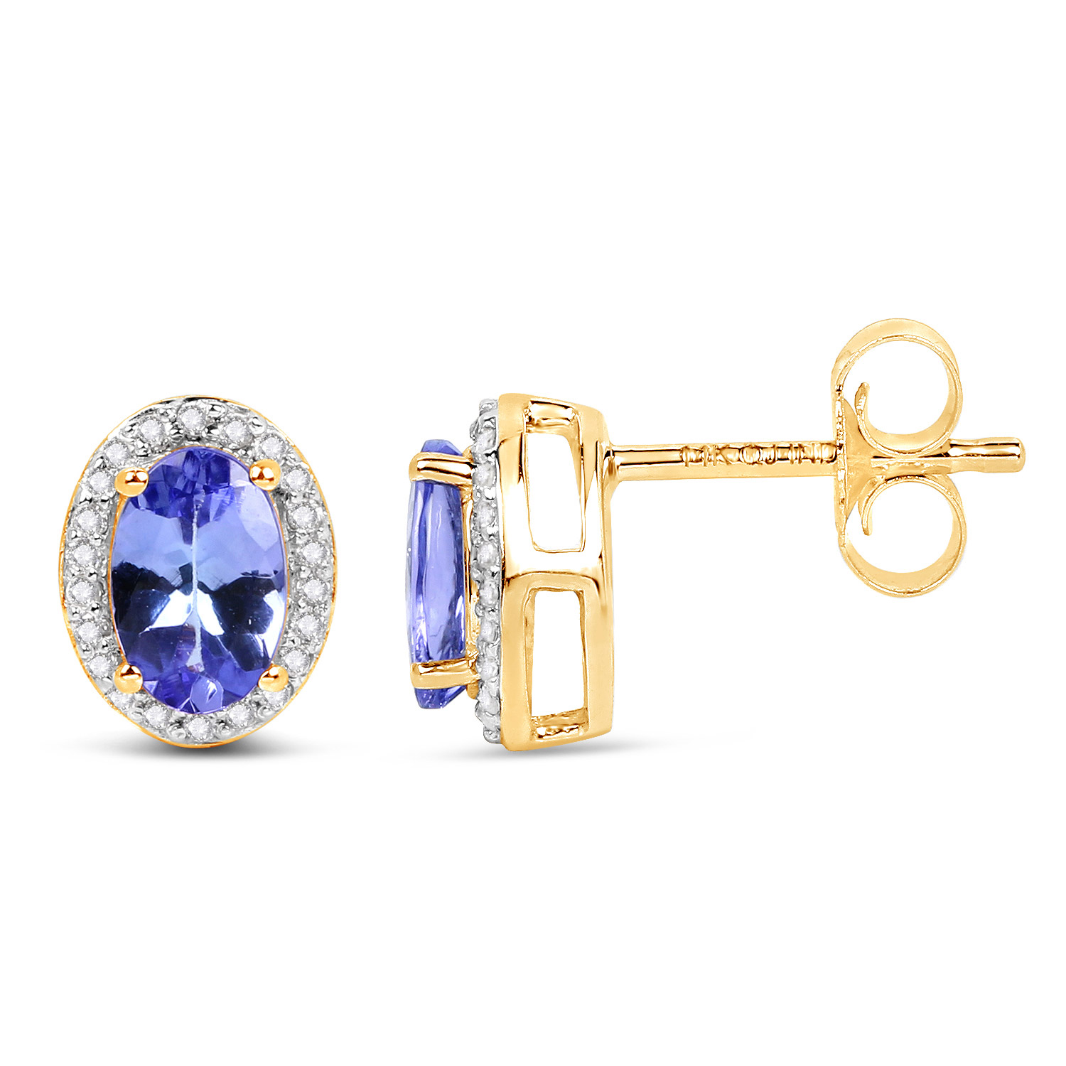 0.97 Carat Genuine Tanzanite and White Diamond 14K Yellow Gold Earrings