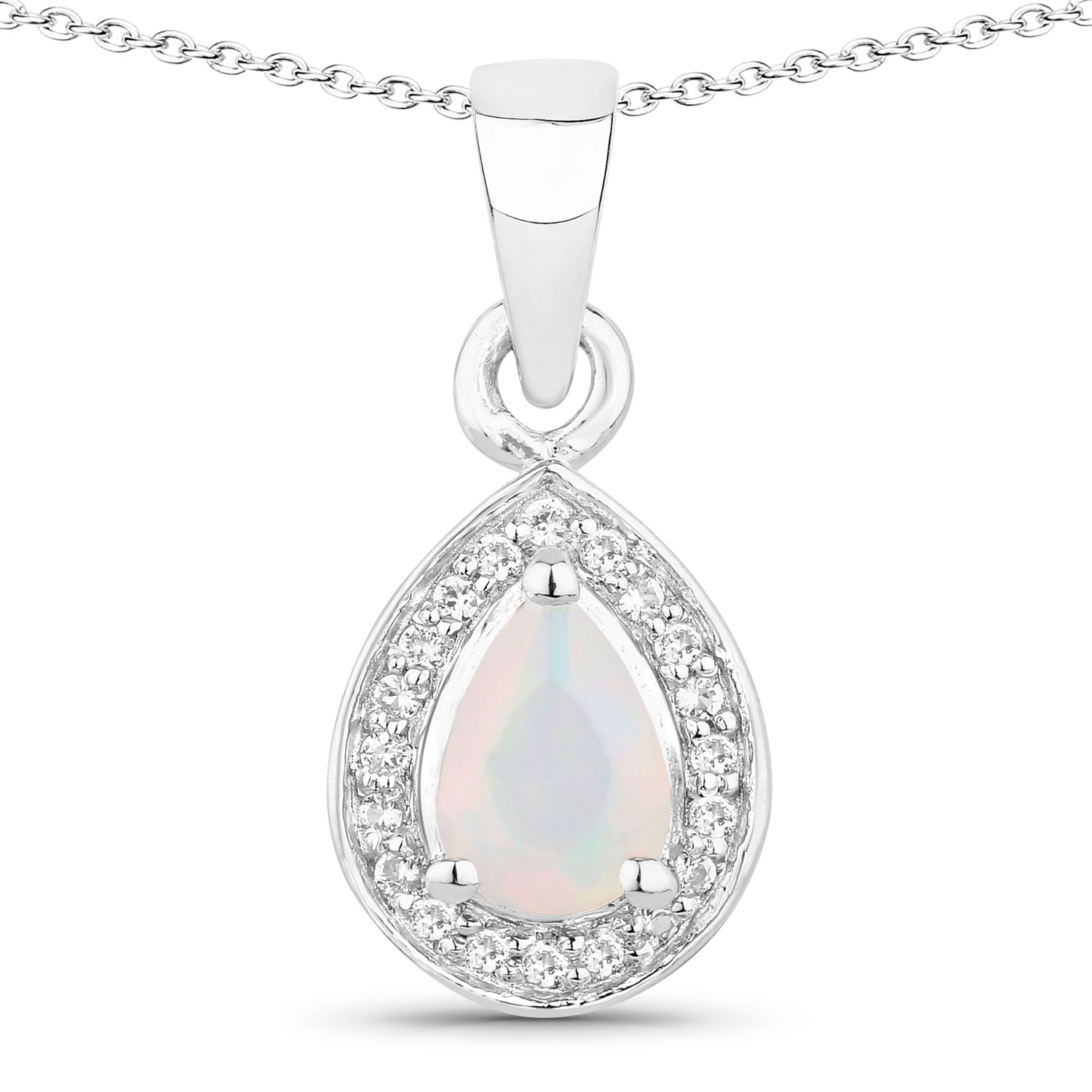 0.53 Carat Genuine Ethiopian Opal and Created White Sapphire .925 Sterling Silver Pendant