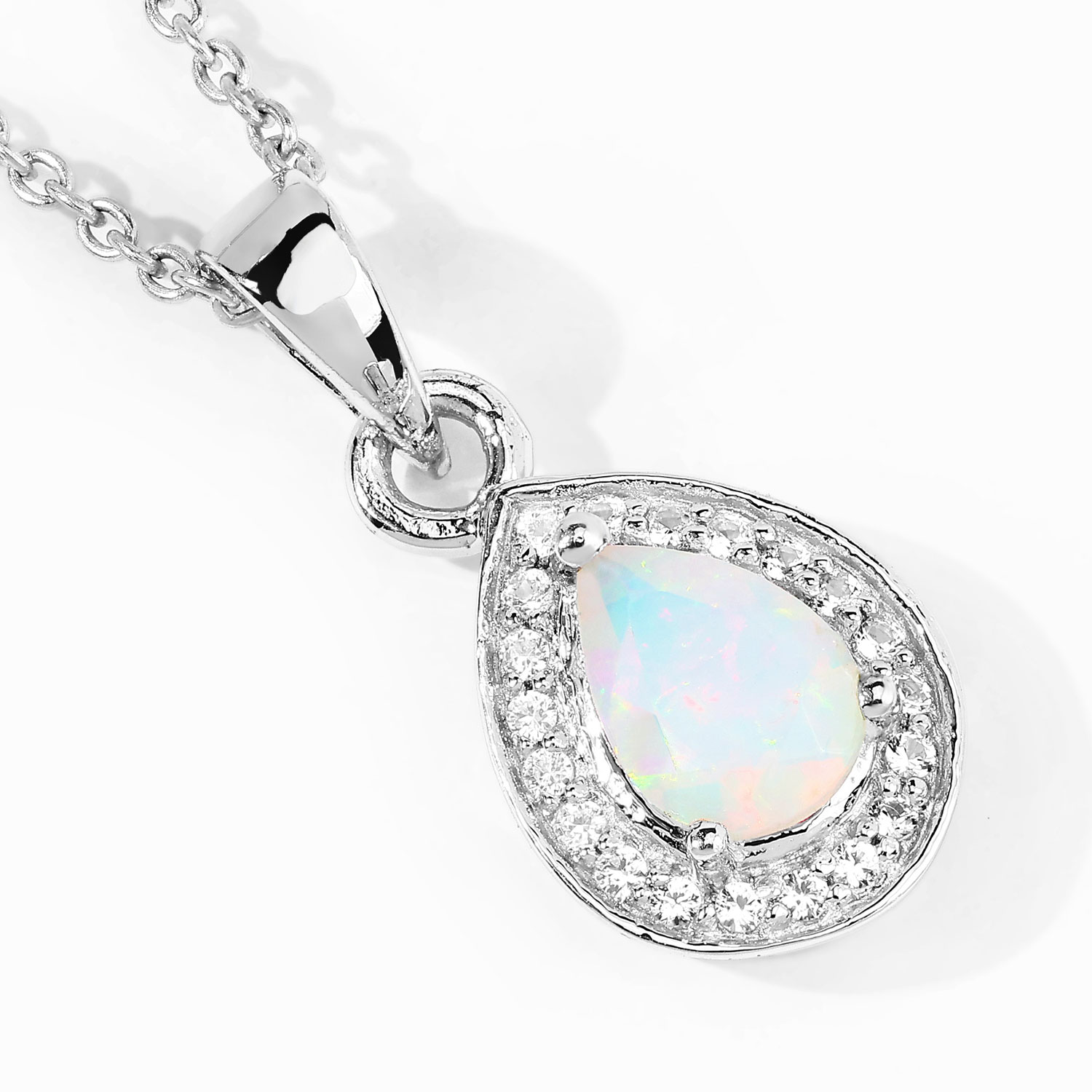 0.53 Carat Genuine Ethiopian Opal and Created White Sapphire .925 Sterling Silver Pendant