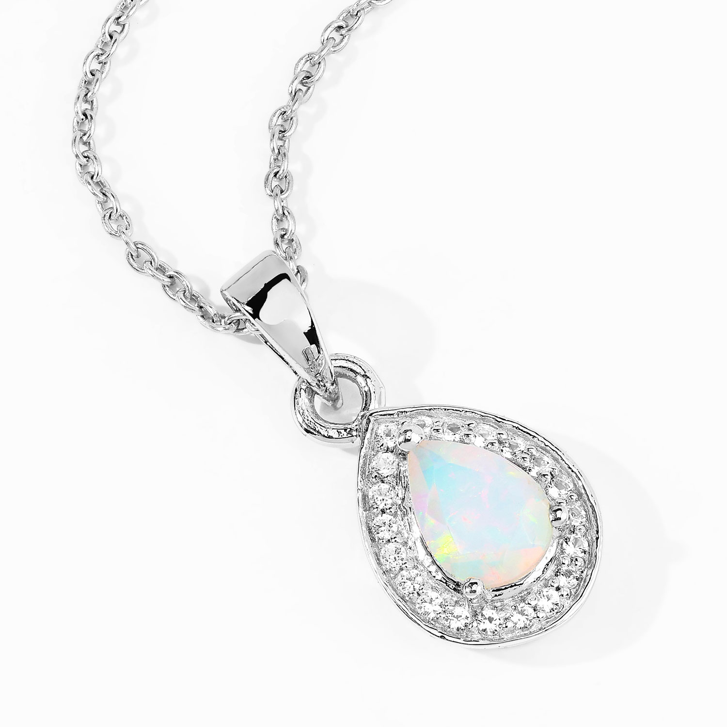 0.53 Carat Genuine Ethiopian Opal and Created White Sapphire .925 Sterling Silver Pendant